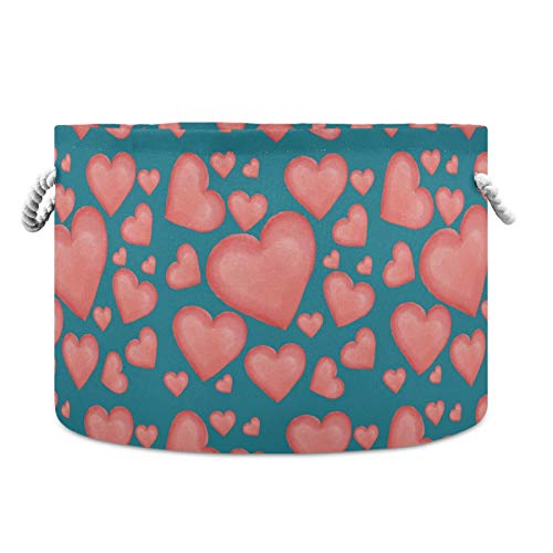 Valentine's Day Pink Heart Toy Storage Basket - Waterproof Nursery Organizer Bin with Turquoise Background for Kids Room, Bathroom & Laundry | Perfect for Organizing Toys, Clothes and Baby Essentials