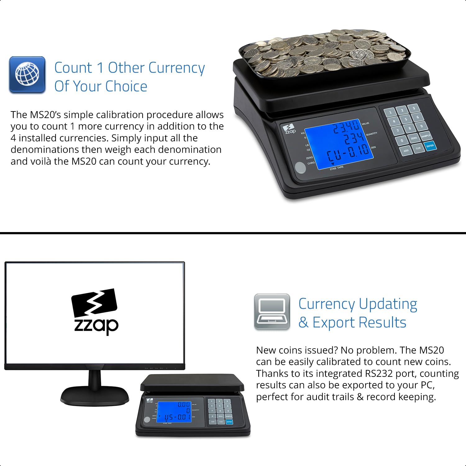 ZZap MS20 Digital Coin Counting Scale - Accurate Money Cash Currency Weighing Machine for Banks, Retail Stores & Home Use