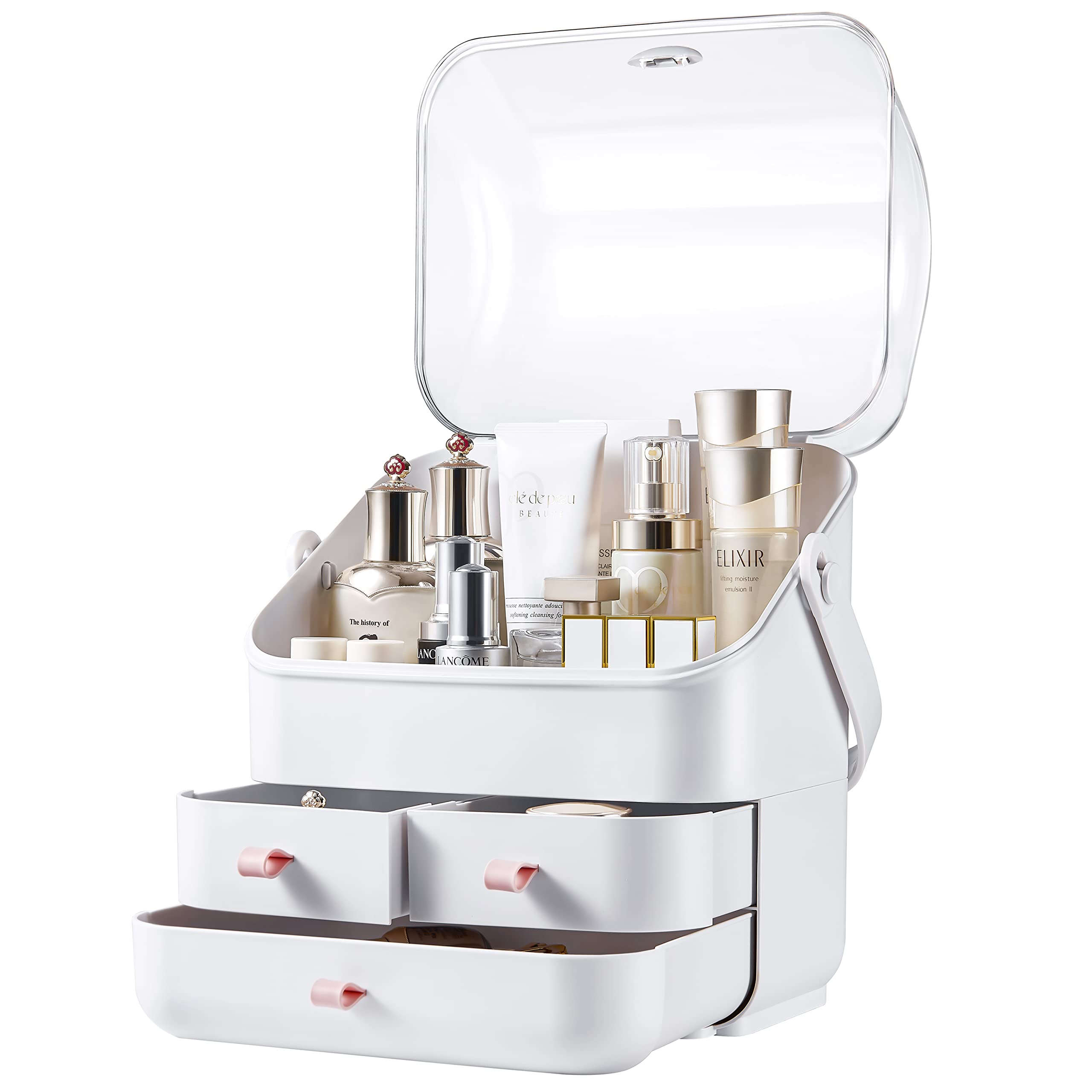 SUNFICON Acrylic Makeup Organizer with Cotton Pads Holder - 3-Tier Cosmetic Storage Box for Lipstick, Brushes & Skincare | Perfect for Vanity, Bathroom & Travel Organization