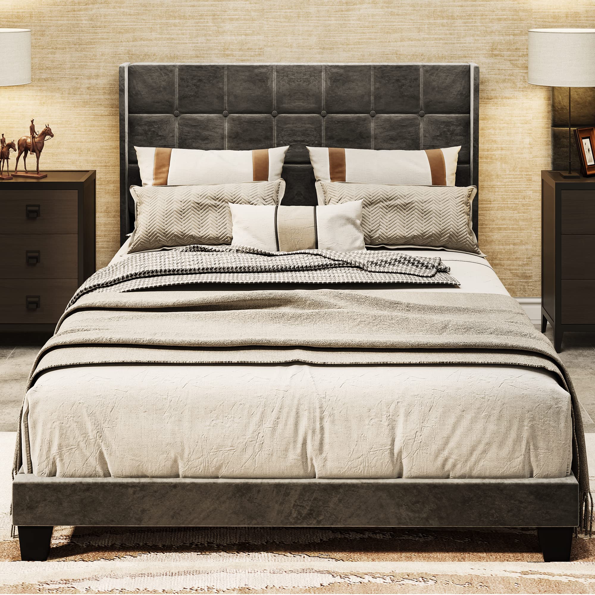 YITAHOME Queen Size Upholstered Bed Frame with Grey Velvet Tufted Headboard - Platform Bed Base with Wood Slat Support, No Box Spring Needed - Luxury Bedroom Furniture for Master Bedroom or Guest Room