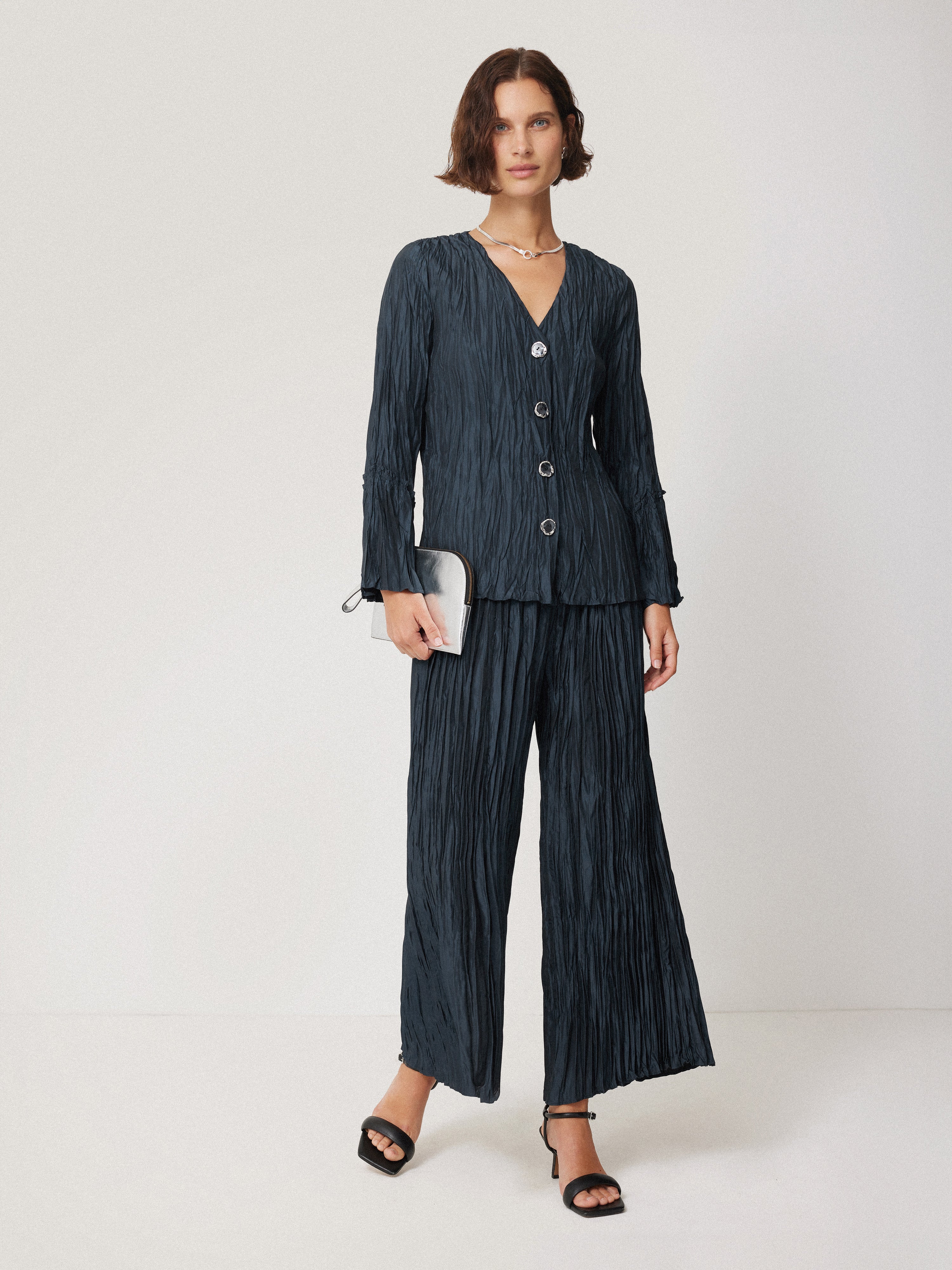 Elegant Plisse Trousers for Women - Navy Blue High Waist Wide Leg Pants - Perfect for Office, Casual & Travel Outfits