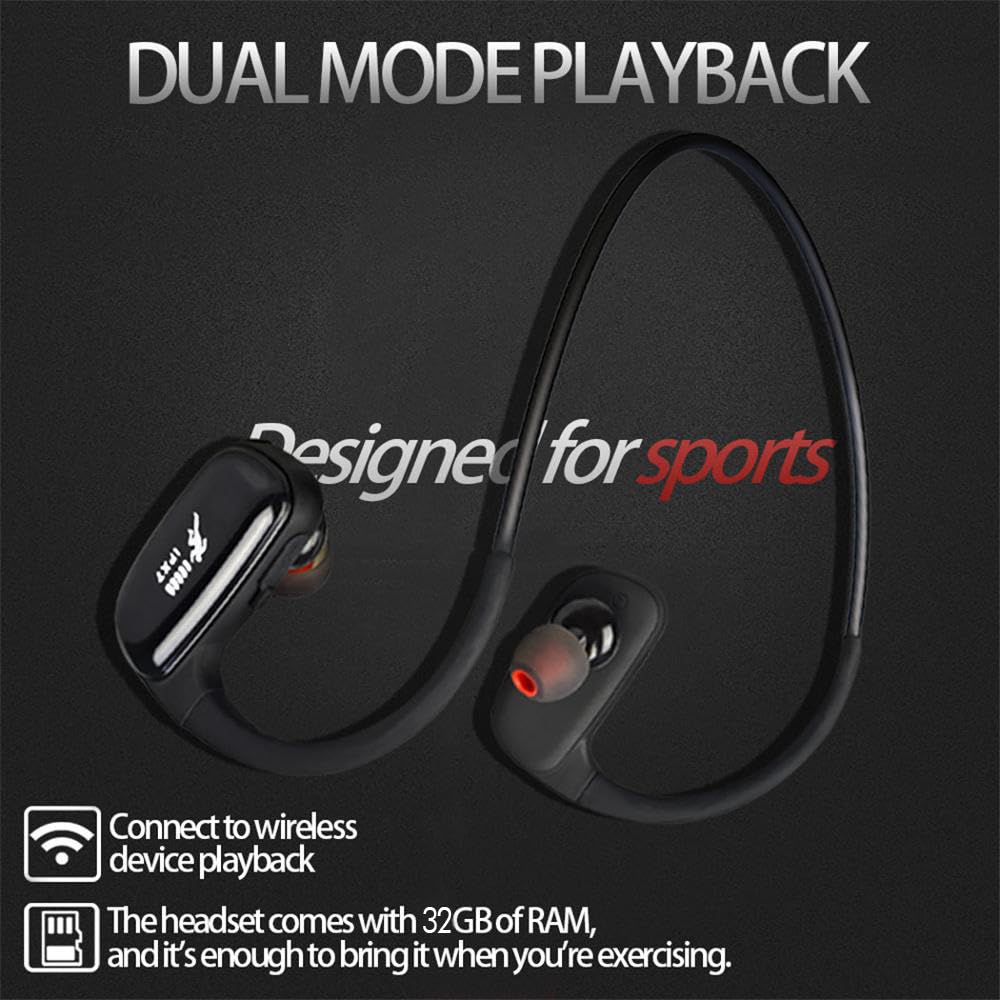 CYBORIS Wireless Bluetooth 5.0 Sports Headphones - IPX7 Waterproof MP3 Player with 16GB Storage, 10Hrs Playtime & Noise Cancelling Mic for Swimming, Running, Gym Workouts (Red) - Perfect for Athletes & Outdoor Activities