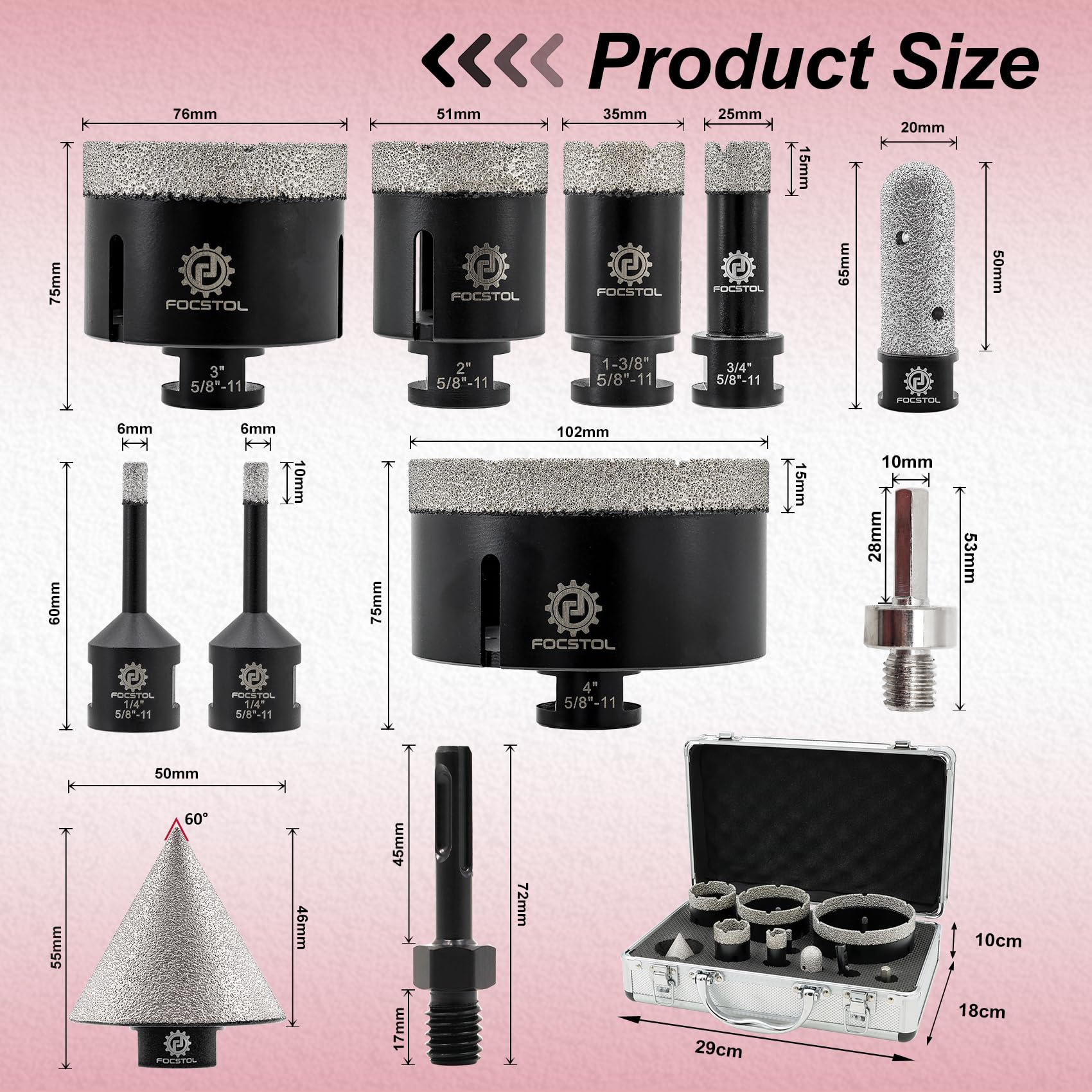 Premium Diamond Core Drill Bit Set - FOCSTOL 11pc (6/6/19/35/51/76/102mm + 20mm Finger Milling Bit + 50mm Beveling Chamfer Bit + Hex + SDS) for Porcelain, Ceramic Tile, Marble, Granite - Perfect for Bathroom Renovation, Kitchen Backsplash & Stone Countertop Installation