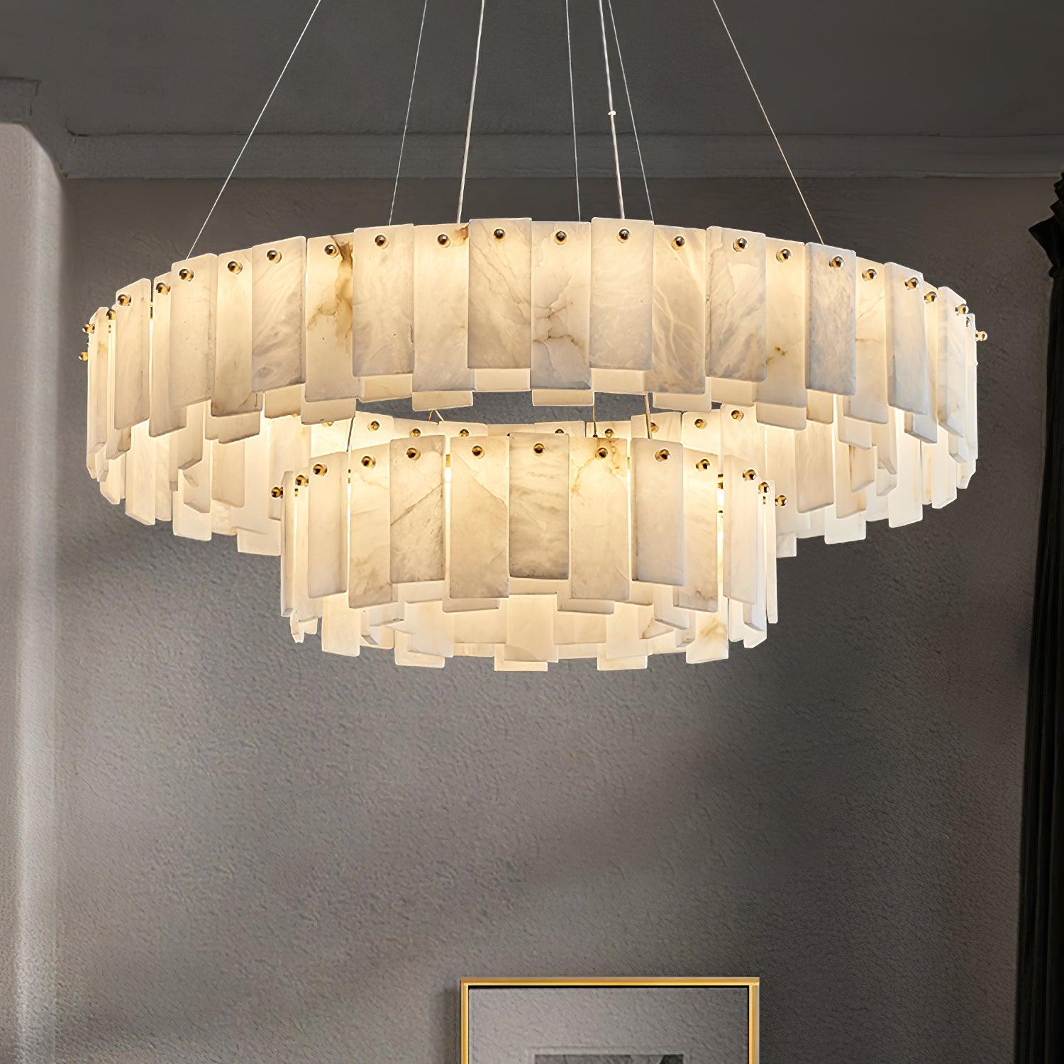 Celestial Alabaster Round Chandelier - Modern Crystal Ceiling Light Fixture for Dining Room, Bedroom & Living Room Decor | Elegant Lighting for Home & Wedding Venues
