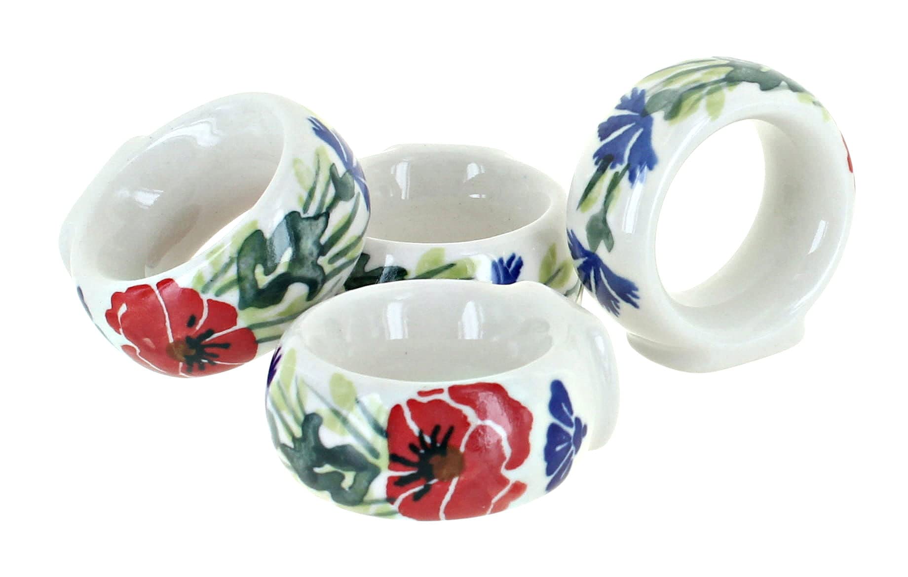 Handmade Blue Rose Polish Pottery Napkin Rings - Cherry Red Floral Bouquet Design, Set of 6 - Elegant Table Setting for Weddings, Dinner Parties & Holiday Decor