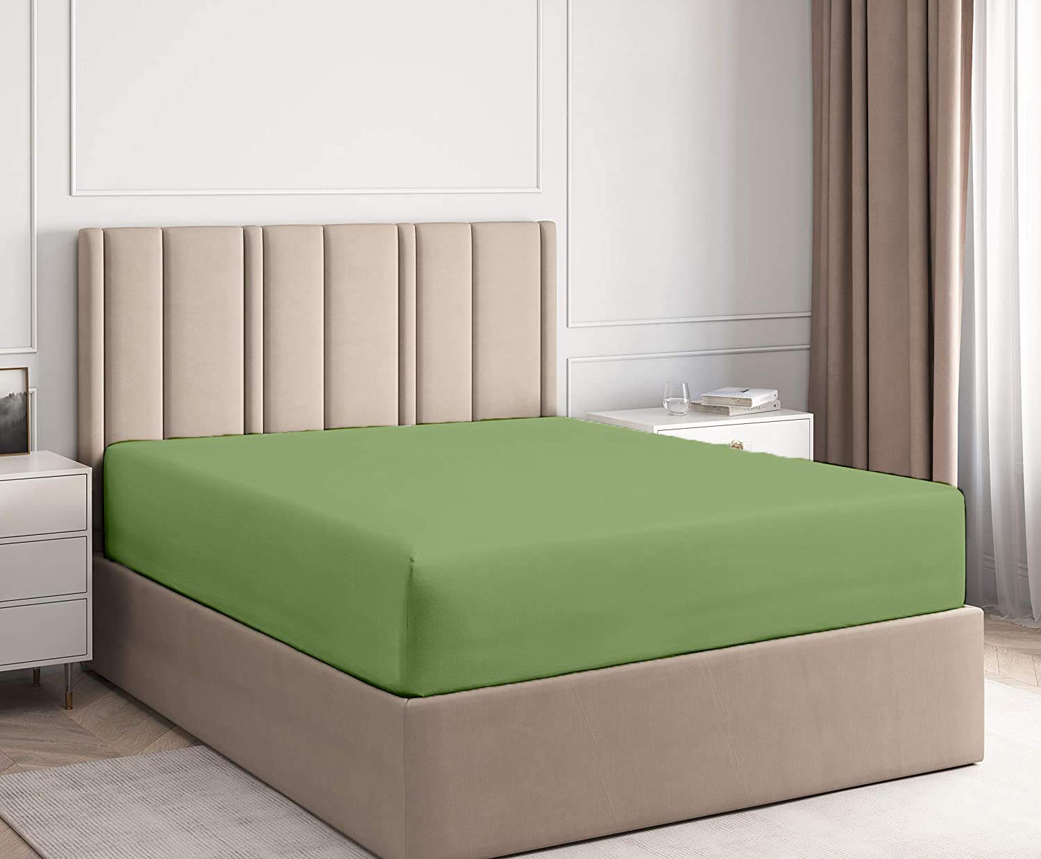 Queen Size Fitted Bottom Sheet - 100% Cotton Deep Pocket (21''), Wrinkle Free, 60 x 80 Inches - Moss 1000 Series | Perfect for Queen Beds, Guest Rooms & Dorm Essentials
