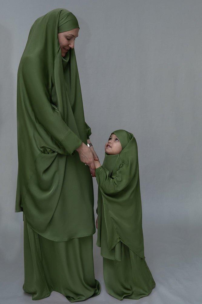 Army Green Kids Prayer Gown - Mommy and Me Matching Islamic Khimar Set for Children's Prayer & Special Occasions