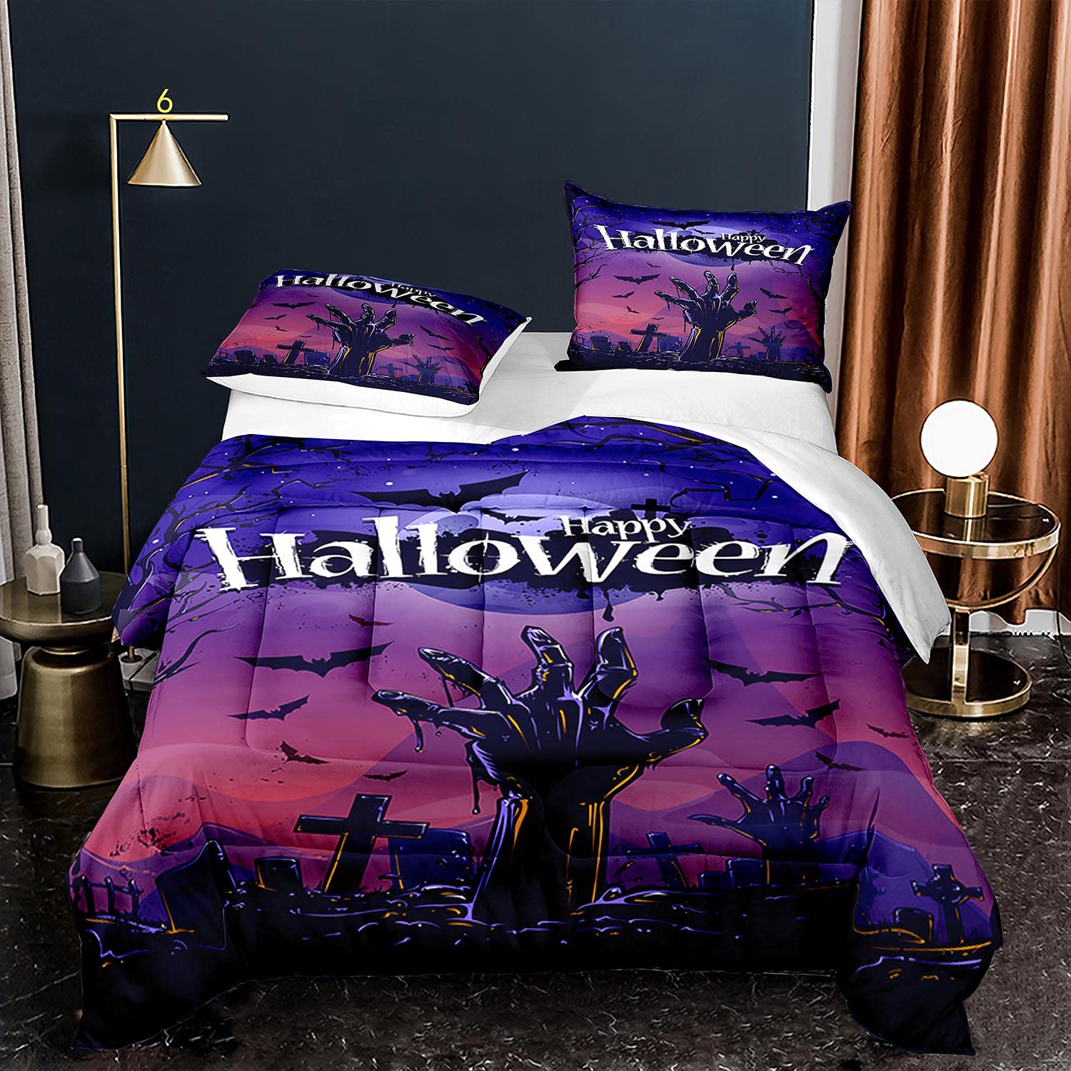 Zombie Hand Halloween Queen Size Comforter Set - Horror Bat & Cemetery Design Bedding (1 Comforter + 2 Pillow Shams) for Spooky Bedroom Decor, Themed Parties & Haunted House Events