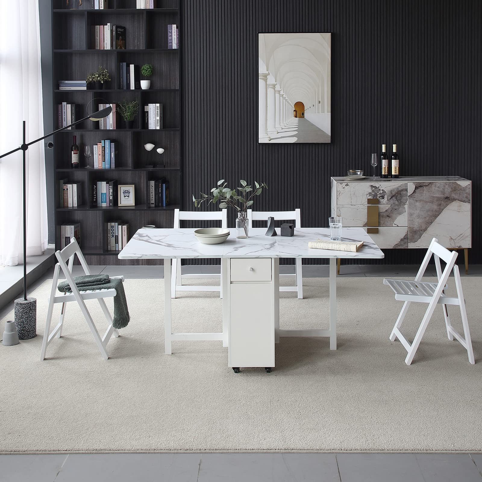 FUNROLUX White Folding Dining Table with Rack & 2 Storage Drawers - Extendable Space Saving Kitchen Table with 3 Adjustable Forms | Perfect for Small Apartments, Studio Kitchens & Compact Living Spaces