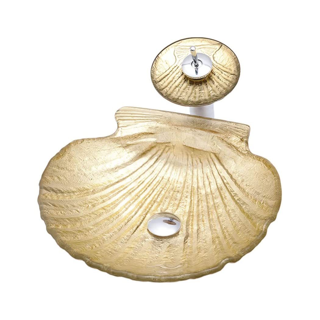 Gold Shell-Shaped Tempered Glass Vessel Sink for Bathroom - Artistic Above Counter Bathroom Sink with Waterfall Faucet & Drain - Perfect for Modern Vanities, Spa-Like Bathrooms & Luxury Home Decor