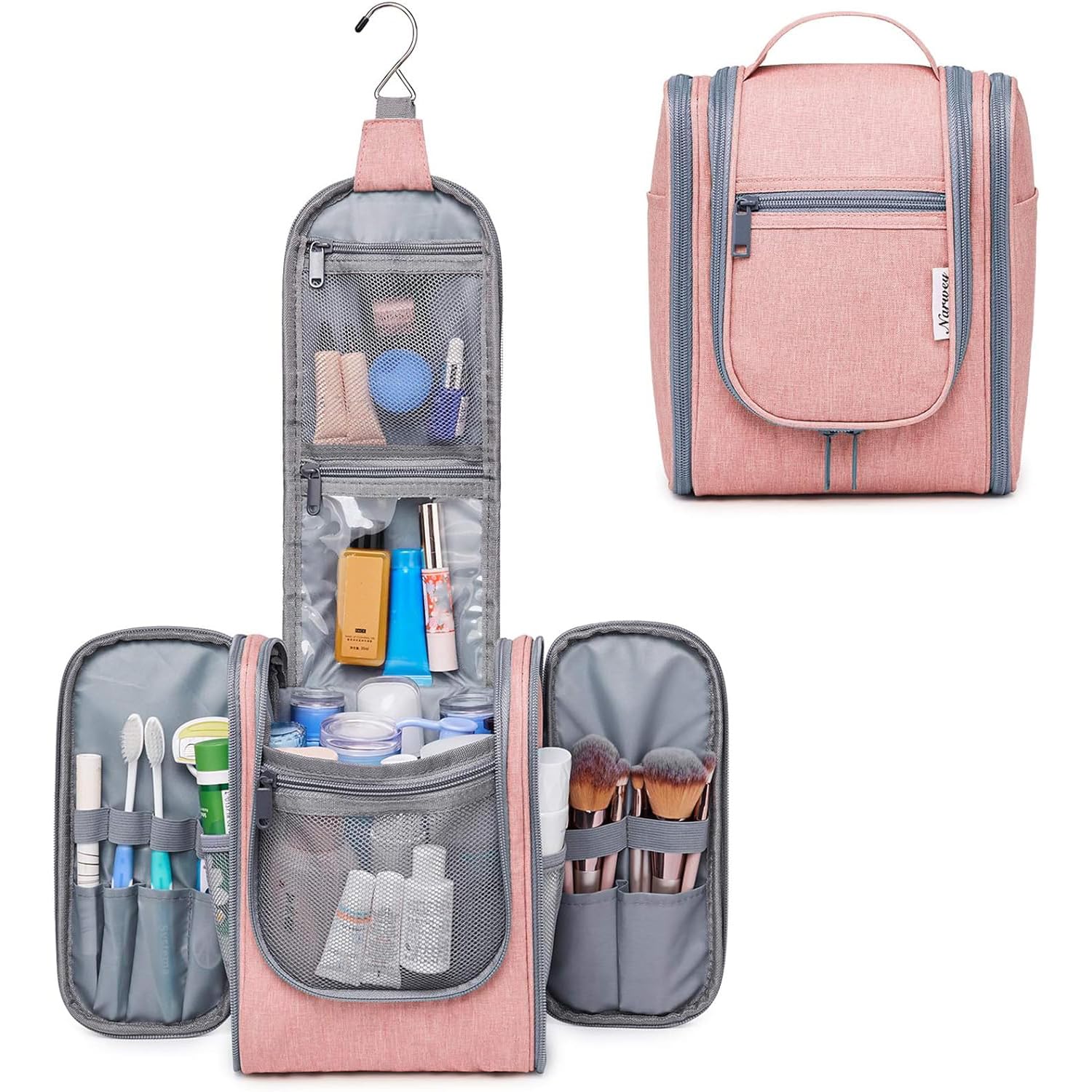 Narwey Small Hanging Toiletry Bag for Women - Travel Makeup Organizer with Multiple Pockets - Perfect for Cosmetics, Toiletries & Travel Essentials (Medium, Pink) - Ideal for Airplane, Camping & Gym Use