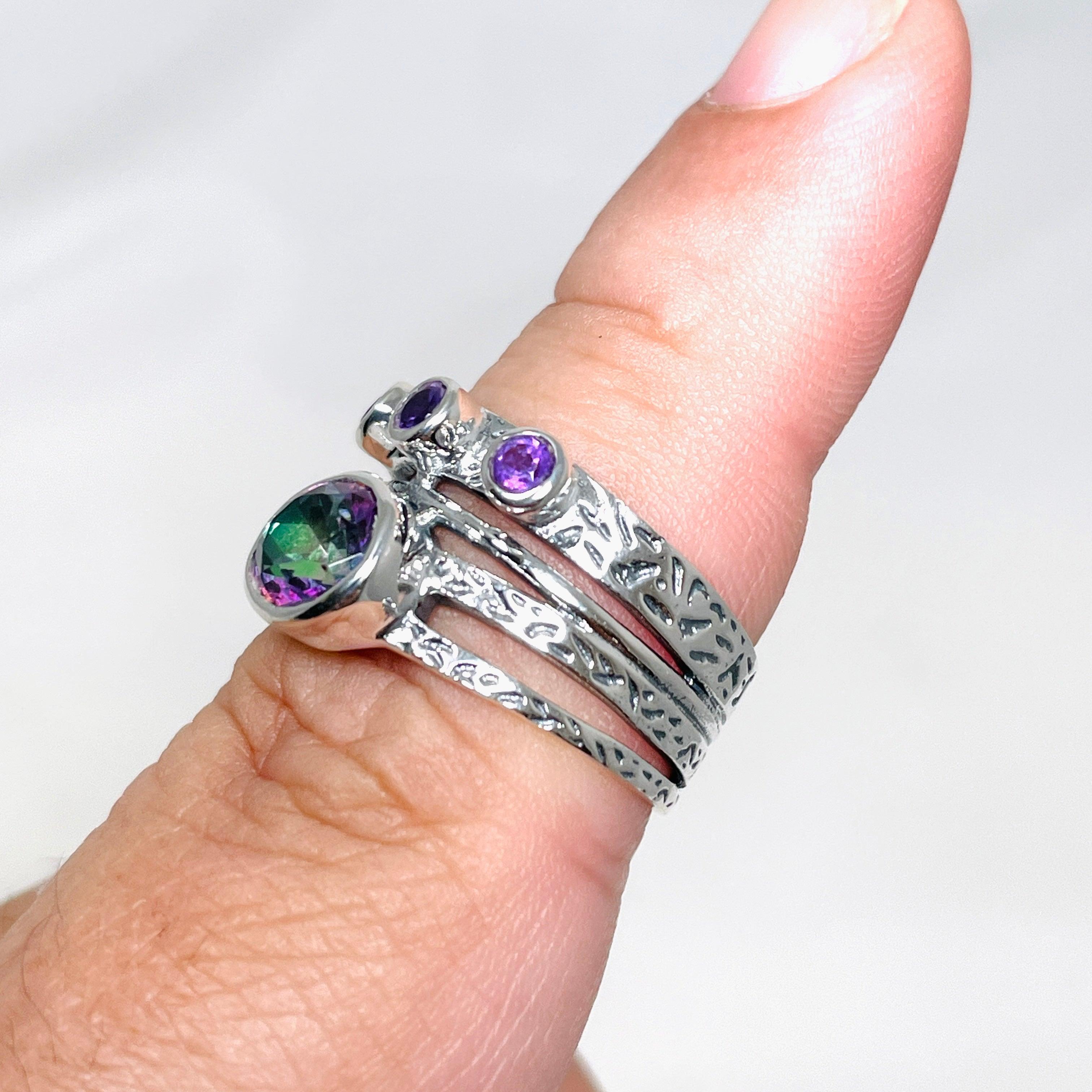 Faceted Mystic Topaz & Amethyst Gemstone Ring R3783 - Elegant Jewelry for Women, Perfect for Weddings, Parties & Special Occasions