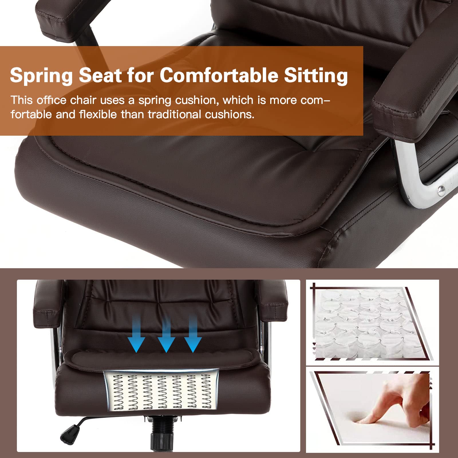 Premium Adjustable Leather Executive Office Chair - High Back Ergonomic Swivel Desk Chair with Padded Armrests & Spring Seat - Supports 350lbs - Perfect for Home Office & Workspaces (Brown)