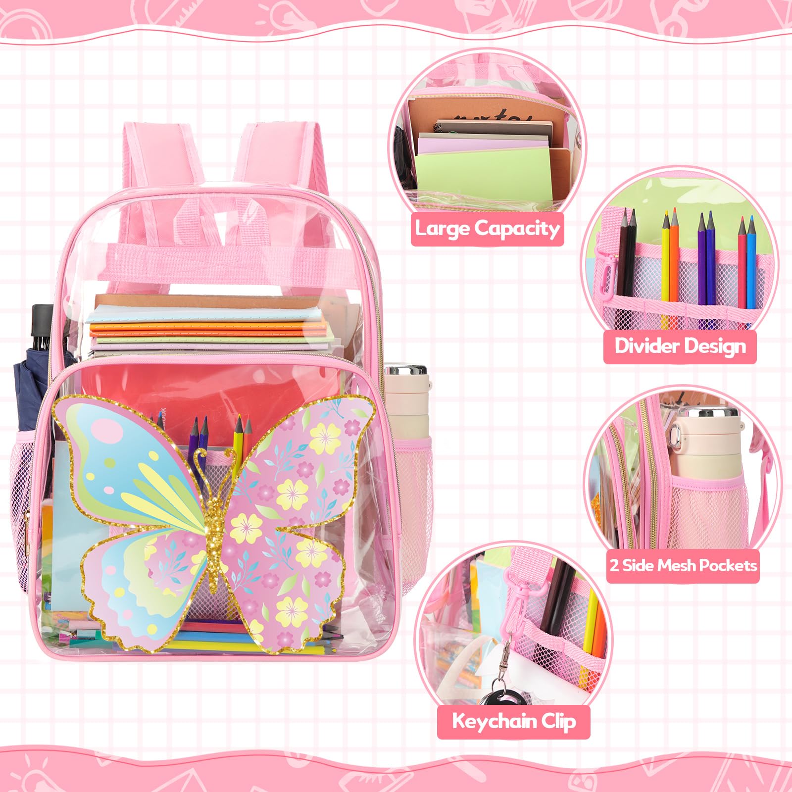 Kacctyen 3-Pack Pink Transparent Backpack Set for Kids - Heavy Duty Clear School Backpack with Lunch Bag (Rainbow & Butterfly Design) - Perfect for School, Travel, and Outdoor Activities