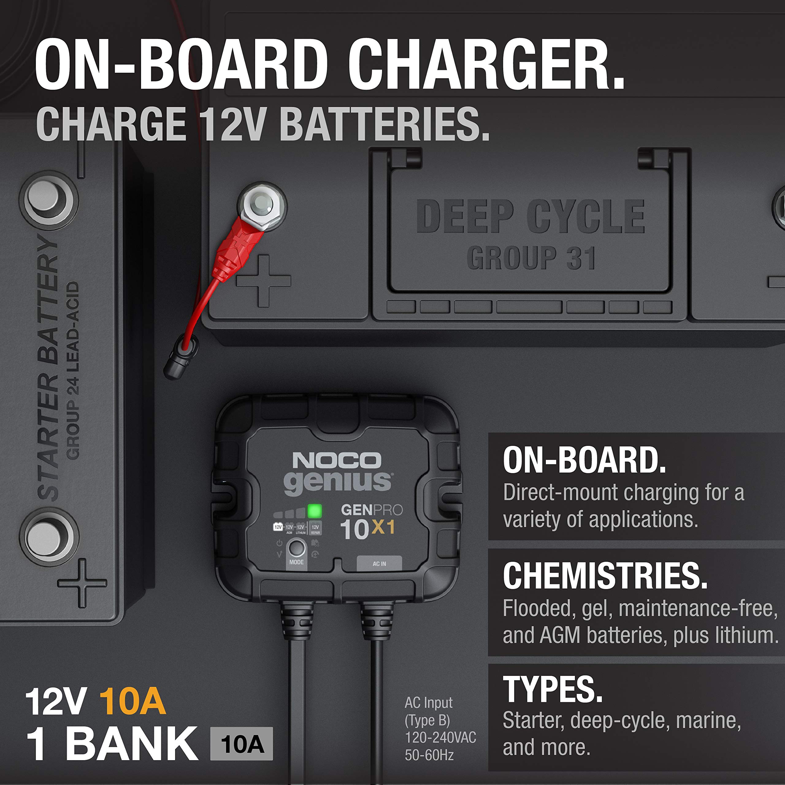 NOCO Genius GENPRO10X1 10A Smart Marine Battery Charger - 12V Waterproof Onboard Boat Charger, Battery Maintainer & Desulfator for AGM, Lithium (LiFePO4), Deep-Cycle Batteries - Perfect for Boats, RVs & Marine Applications