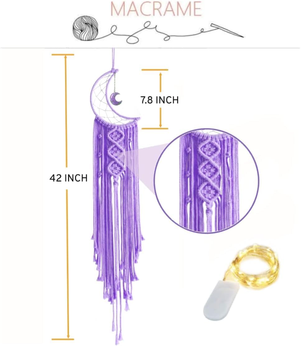Kyoryuger Moon Dream Catcher with LED Lights - Handmade Boho Wall Hanging for Teen Girls Room Decor, Birthday Gifts for Women & Kids - Purple Dreamcatcher for Bedroom, Nursery & Meditation Space
