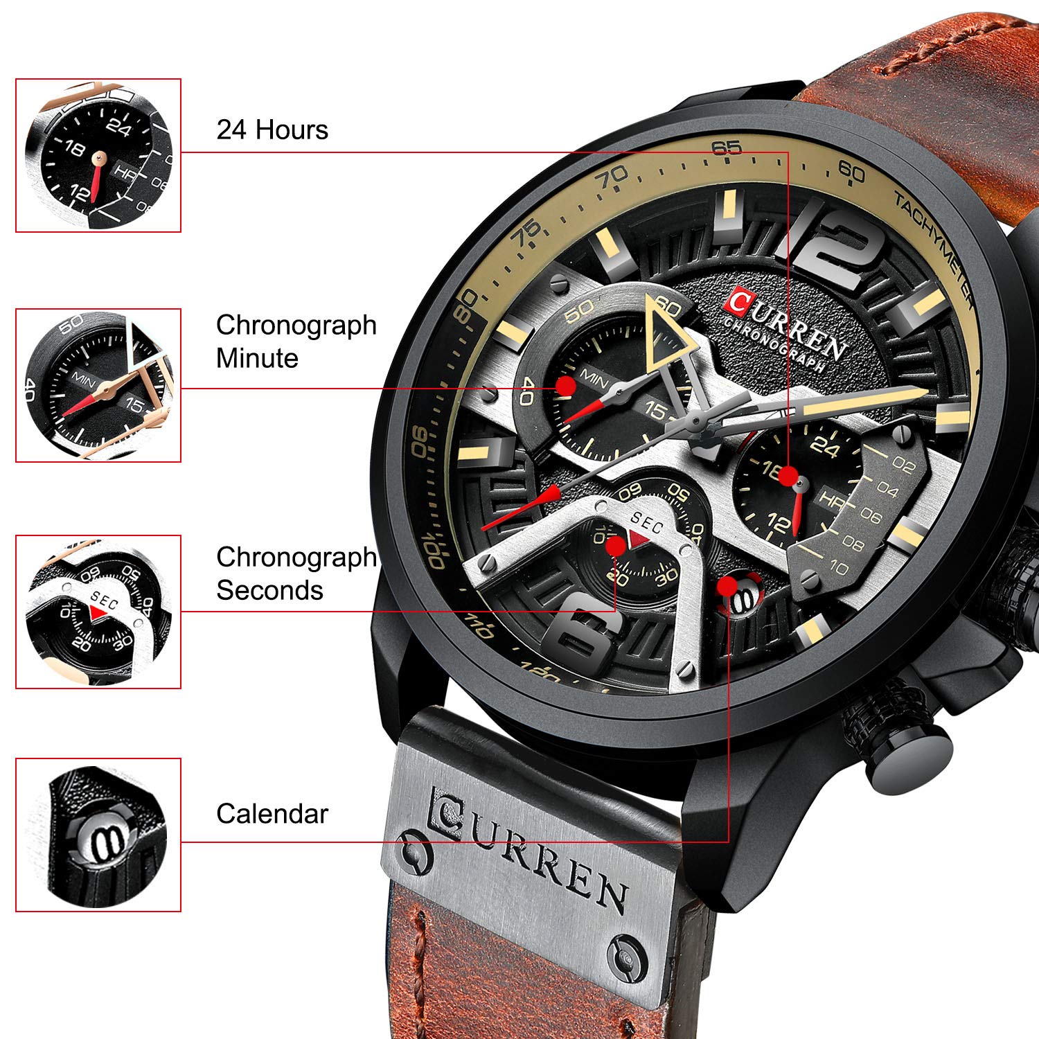 RORIOS Men's Chronograph Leather Strap Watch with Date - Analog Sports Wristwatch for Business, Casual & Outdoor Activities | Water Resistant Multifunction Dial Watch for Men