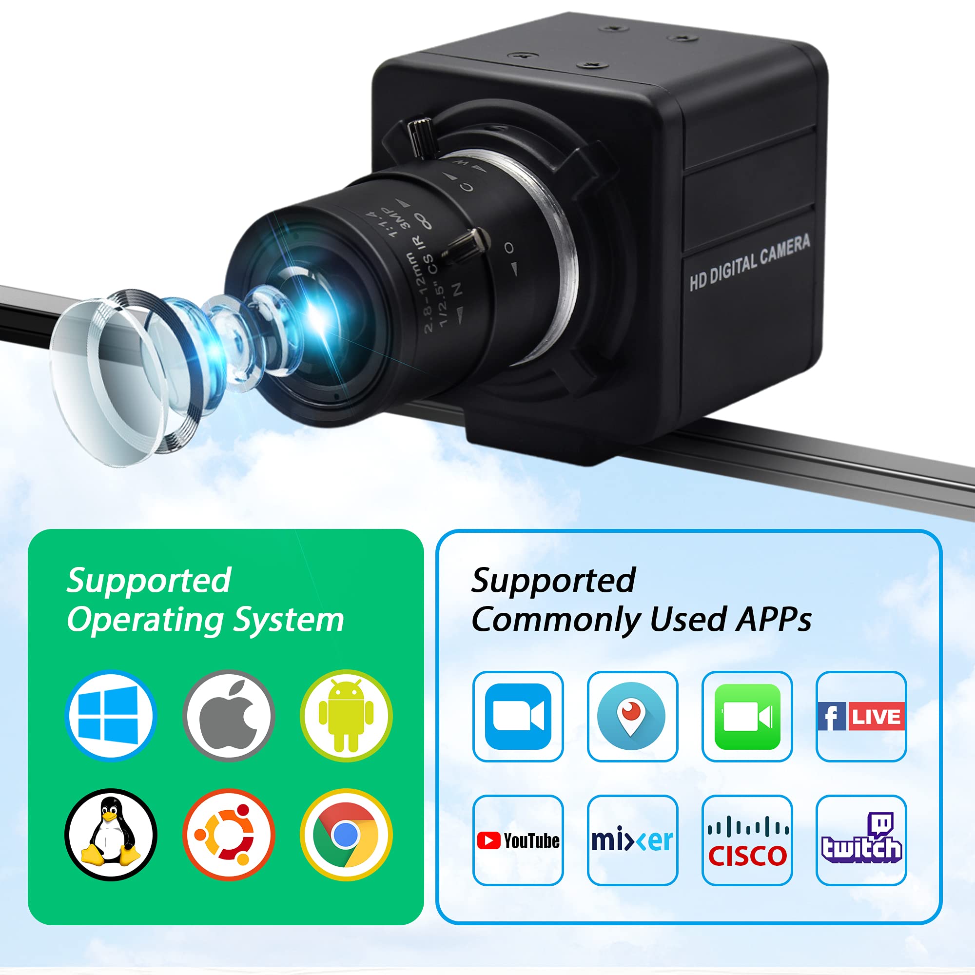 1080P HD USB Webcam with 2.8-12mm Varifocal Zoom Lens - High Speed UVC USB 2.0 Computer Camera for Video Conferencing, Live Streaming & Close-up Industrial Inspection (100fps/60fps) - Perfect for Remote Work, Online Classes & Content Creation