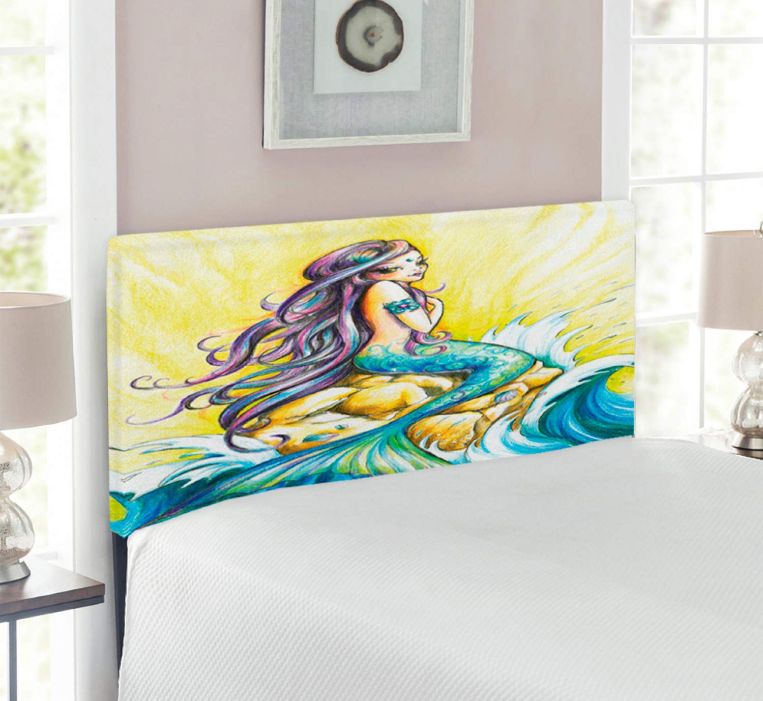 Ambesonne Mermaid Headboard - Upholstered Decorative Metal Bed Frame with Memory Foam, Twin Size in Yellow Blue Purple | Mermaid Sitting on Rock Sunny Day Colored Pencil Art Design | Perfect for Kids' Bedroom, Beach House Decor & Fantasy Themed Rooms