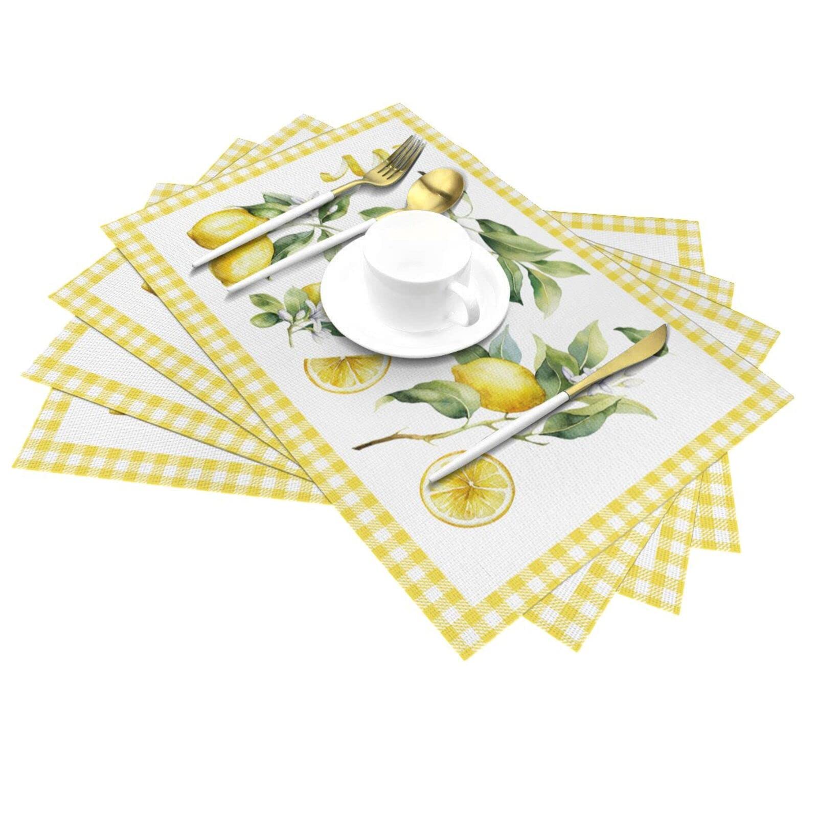 Premium Lemon Print Woven Fabric Placemats - Set of 4 Rectangle Table Mats for Dining Room Decor | Waterproof & Washable | Perfect for Everyday Meals, Dinner Parties, and Holiday Gatherings