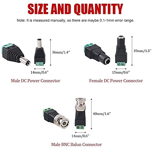 24-Pack DC Power Connectors & BNC Balun Adapters (8 Pairs 5.5x2.1mm DC Male/Female + 8 BNC Male) for LED Strips, CCTV Security Cameras - Power Supply Solutions for Home & Office Surveillance Systems