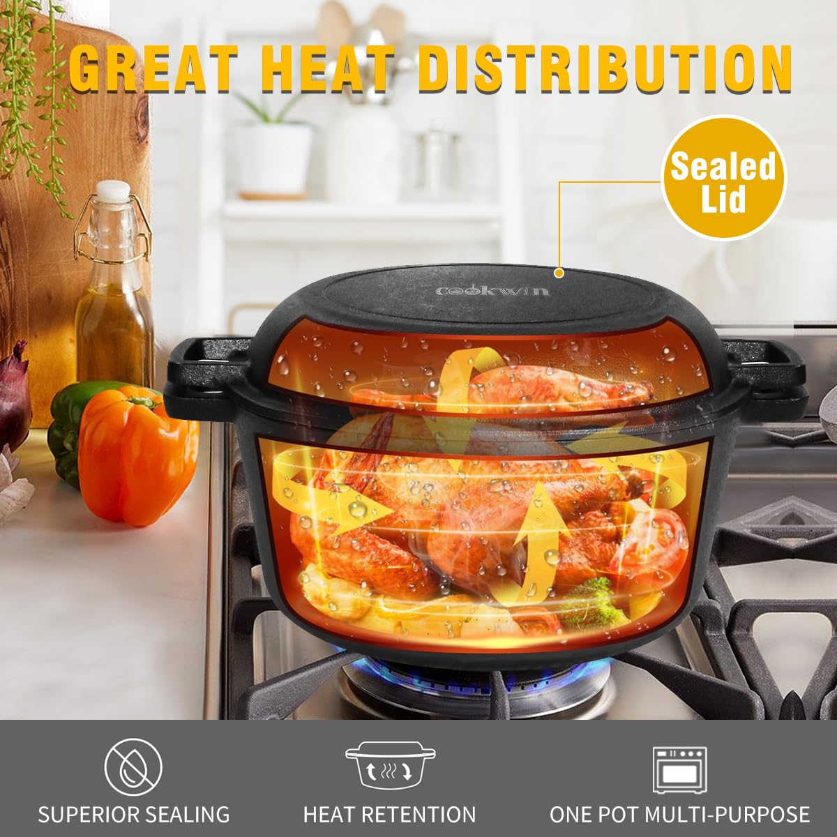 2-in-1 Pre-Seasoned Cast Iron Dutch Oven with Lid - 5.5 Quart Enameled Cookware Set for Camping, Lodge & RV - Perfect for Stews, Baking Bread & Outdoor Cooking