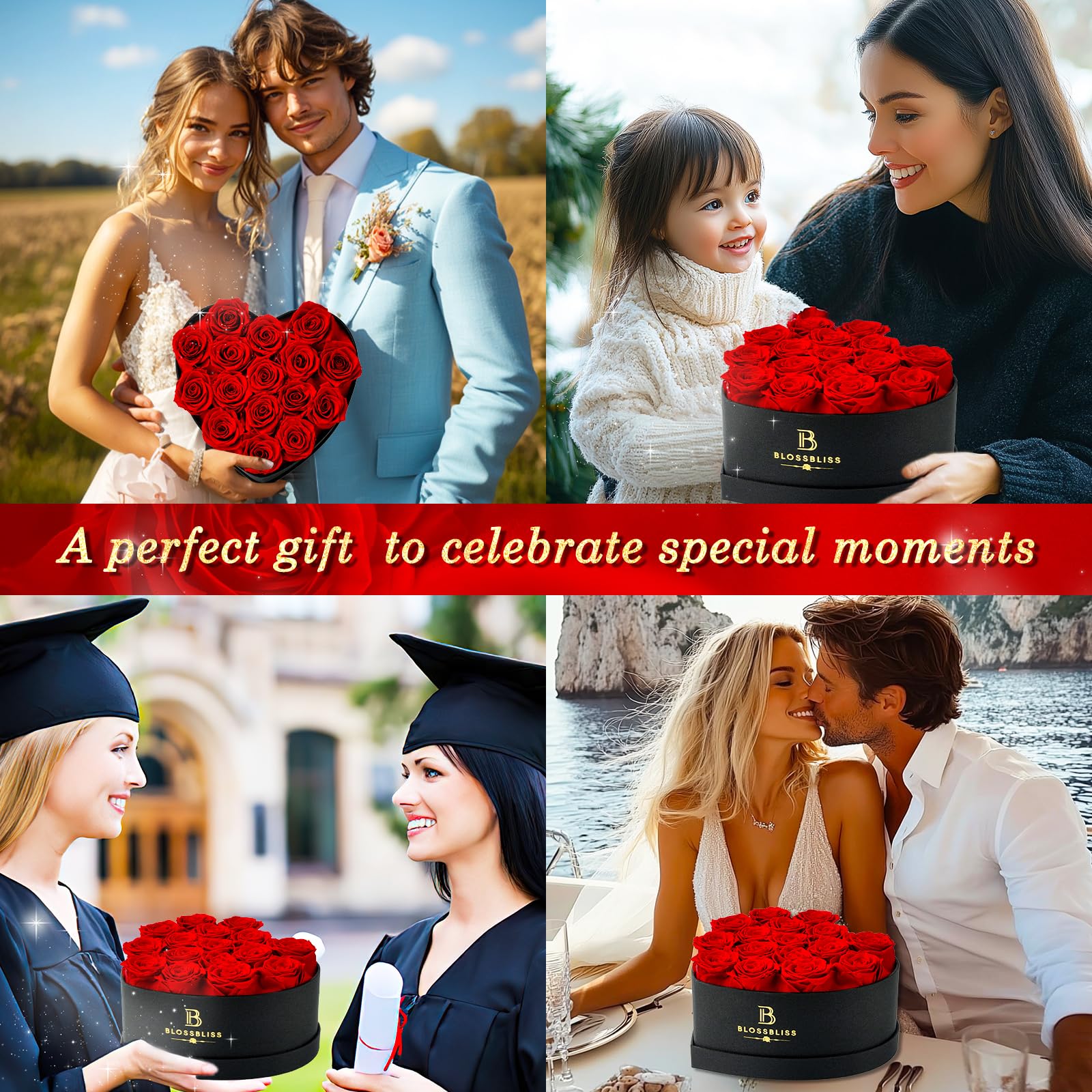 BLOSSBLISS 16-Piece Preserved Red Roses in Heart-Shaped Box - Eternal Love Gift for Wife, Anniversary, Valentine's Day & Mother's Day - Long-Lasting Luxury Floral Arrangement for Romantic Surprises & Home Decor