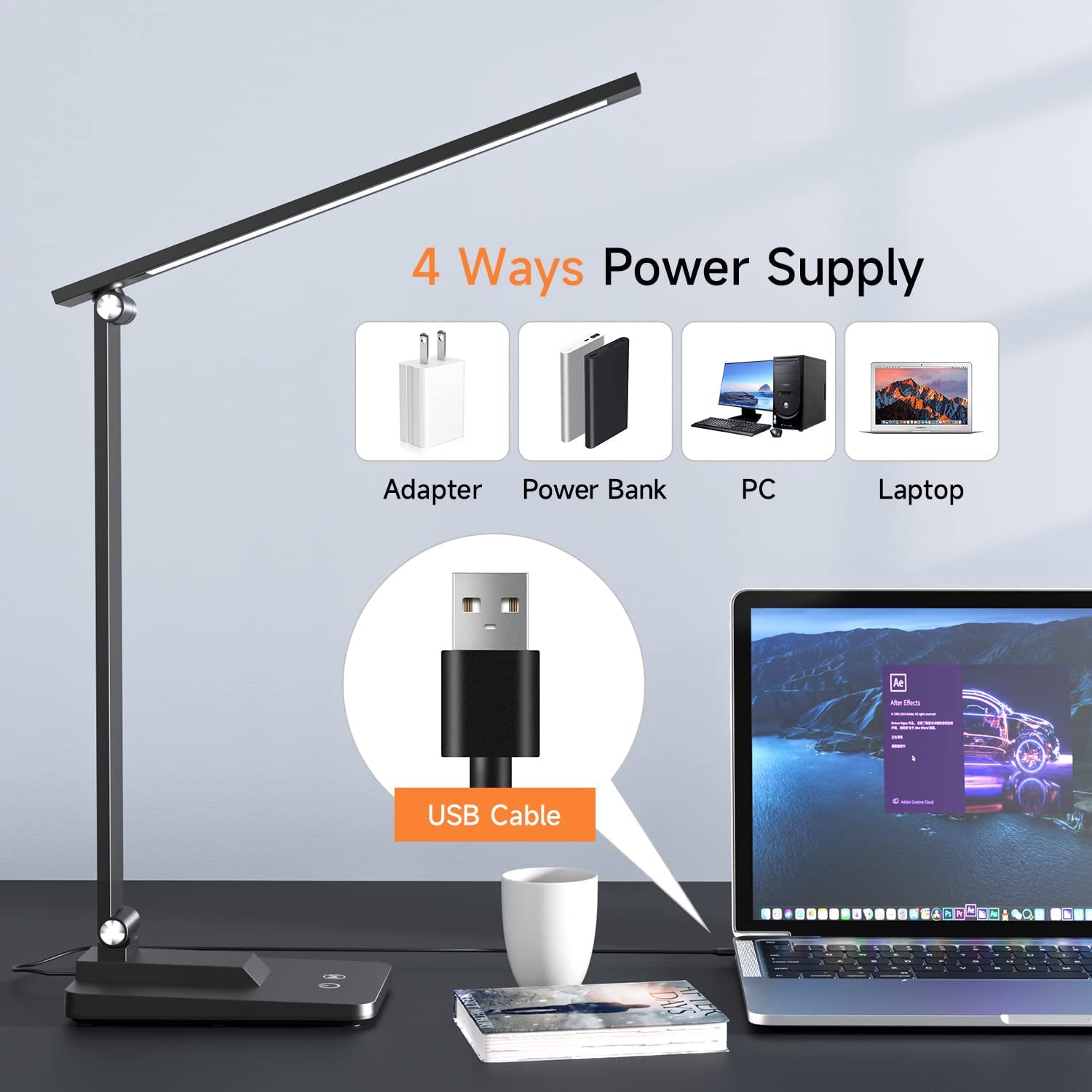 Mubarek LED Desk Lamp - 15 Lighting Modes, 500 Lumen Dimmable Table Light, Adjustable & Foldable Office Study Lamp for Reading, Working, Bedside Use