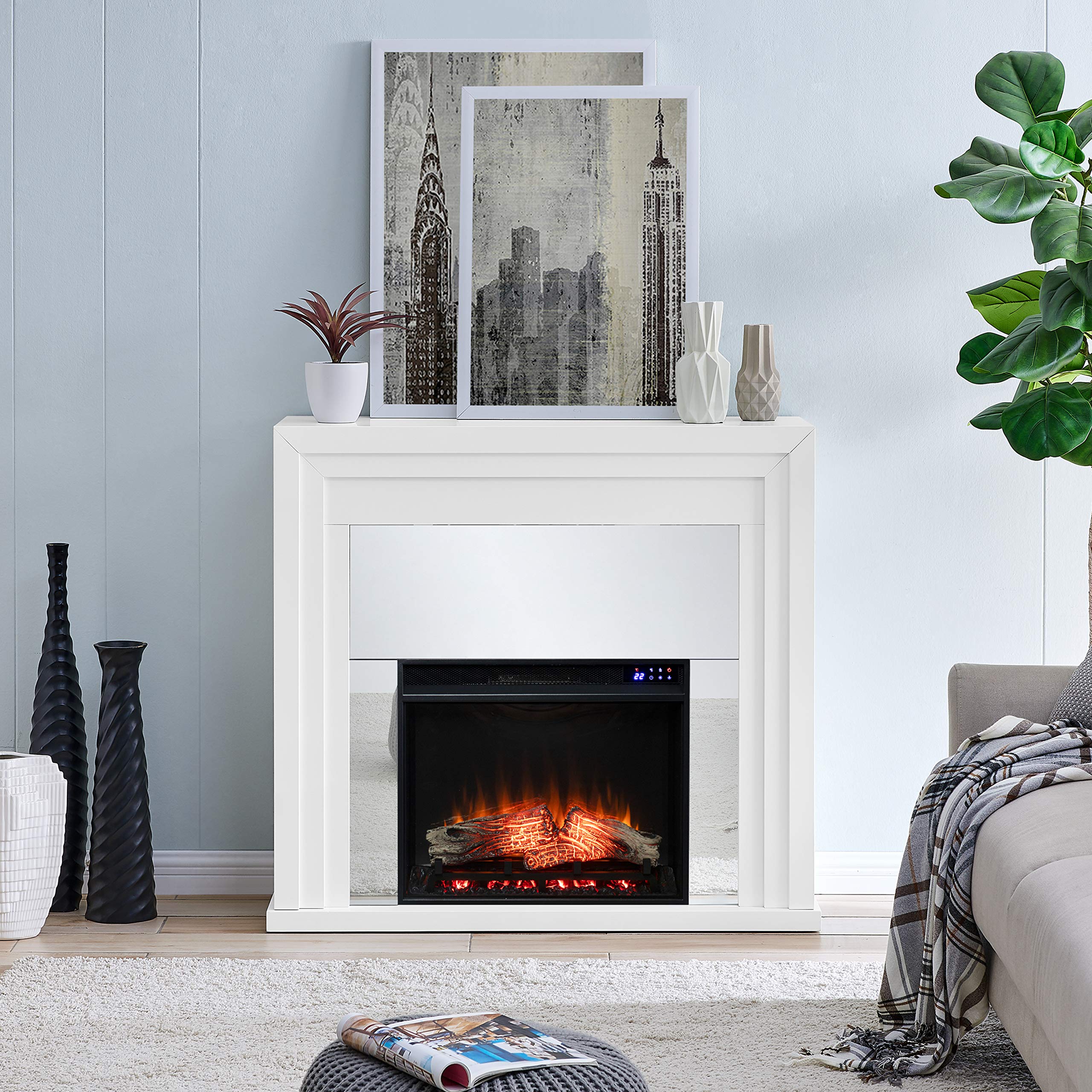 SEI Furniture Stadderly Modern Mirrored Electric Fireplace - 50 Inch White Silver Finish - Energy Efficient Indoor Heater for Living Room, Bedroom & Office Decor