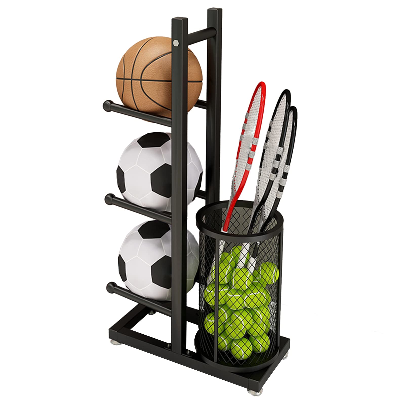 JHSLXD 85CM Black Metal Basketball Storage Rack - Multi-Layer Football & Volleyball Display Stand - Heavy Duty Iron Sporting Goods Organizer for Gym, Home, or Sports Club Storage Solutions