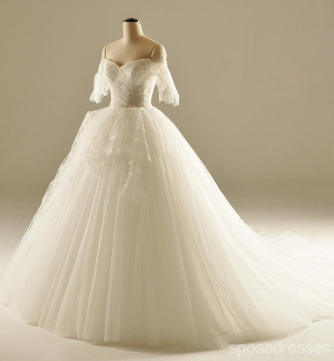 Elegant Off-Shoulder A-Line Tulle Wedding Dress with Long Sleeves | Custom Bridal Gown for Affordable Weddings | Perfect for Church Ceremonies, Beach Weddings & Formal Receptions