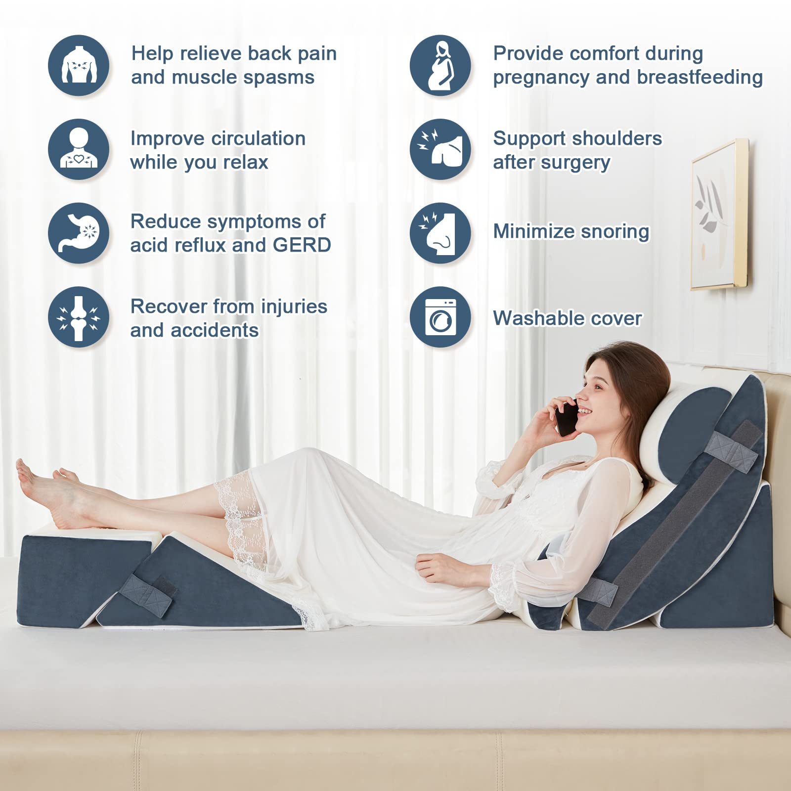 6-Piece Orthopedic Bed Wedge Pillow Set - Memory Foam Support for Back, Knee & Lumbar Pain Relief - Adjustable Anti-Snoring & Acid Reflux Pillow for GERD - Grey (Perfect for Sleeping, Post-Surgery Recovery & Reading in Bed)