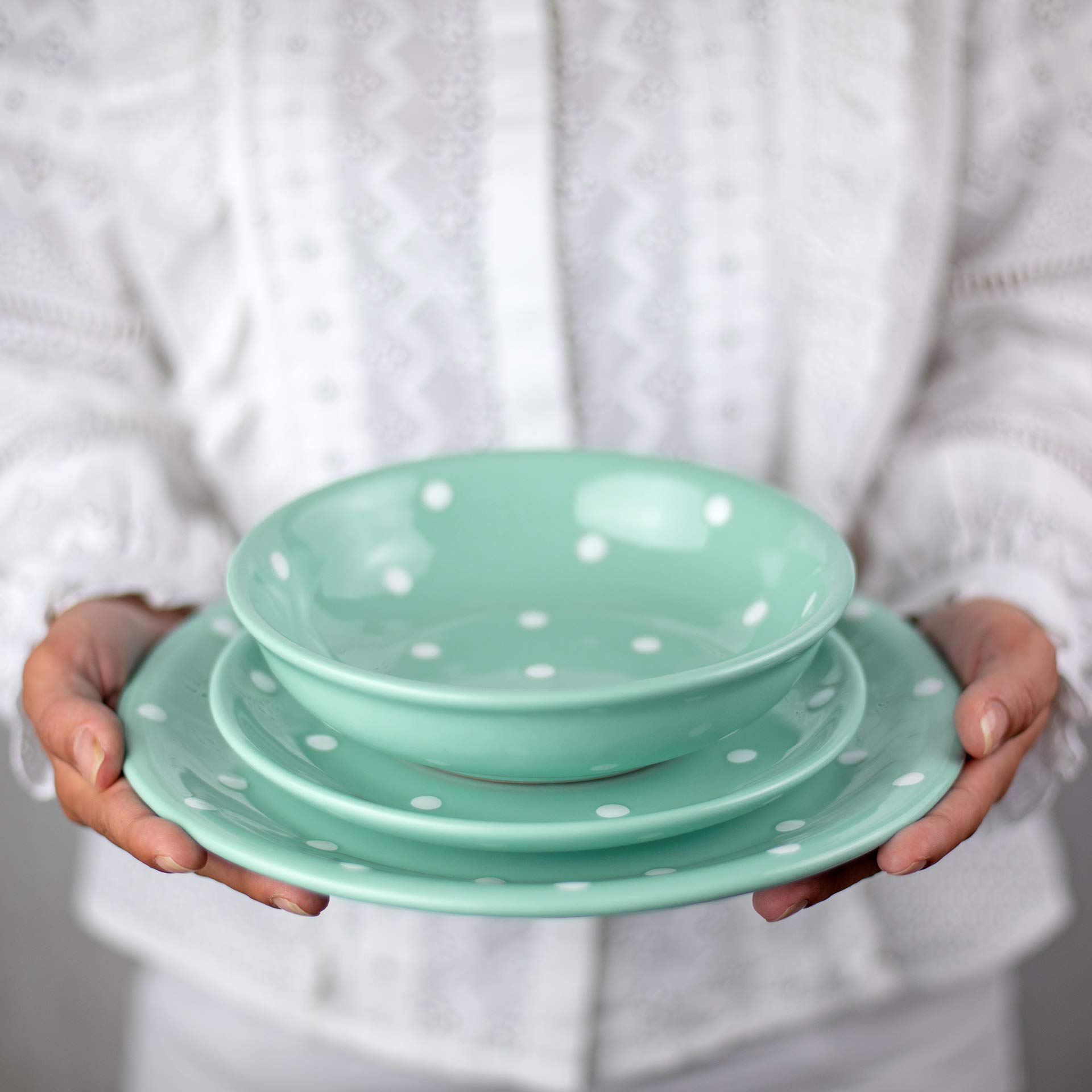 Handmade Teal Blue and White Polka Dot Glazed Ceramic Bowl - 7.3 inch (18.5cm), 14oz (400ml) for Salad, Pasta, Fruit, Cereal & Soup | Unique Dinnerware for Kitchen, Dining & Home Decor | Perfect Housewarming Gift for New Homeowners