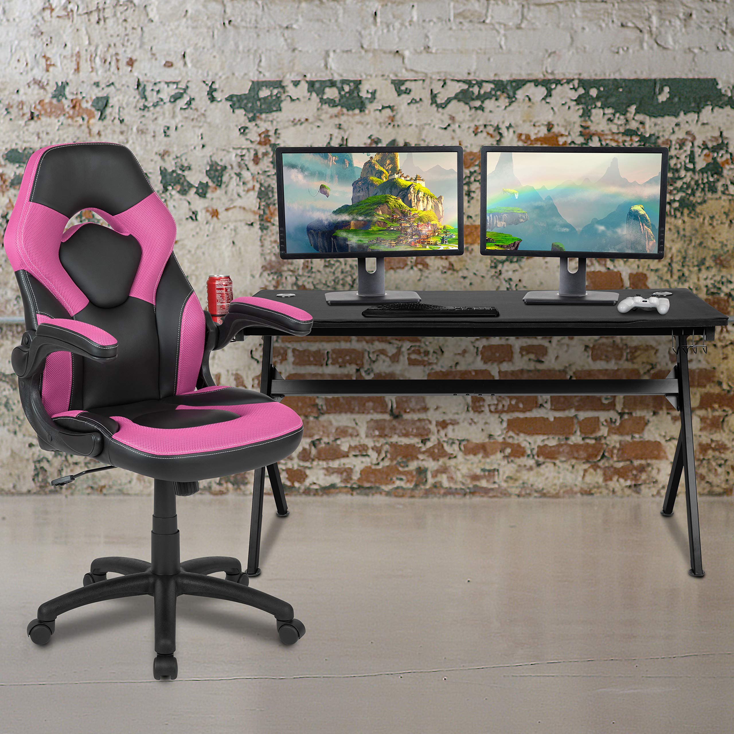Flash Furniture Gaming Desk with Pink/Black Racing Chair Set - Includes Cup Holder, Headphone Hook & Removable Mouse Pad - 2 Cable Management Holes - Perfect for Esports, Streaming & Home Office Setup