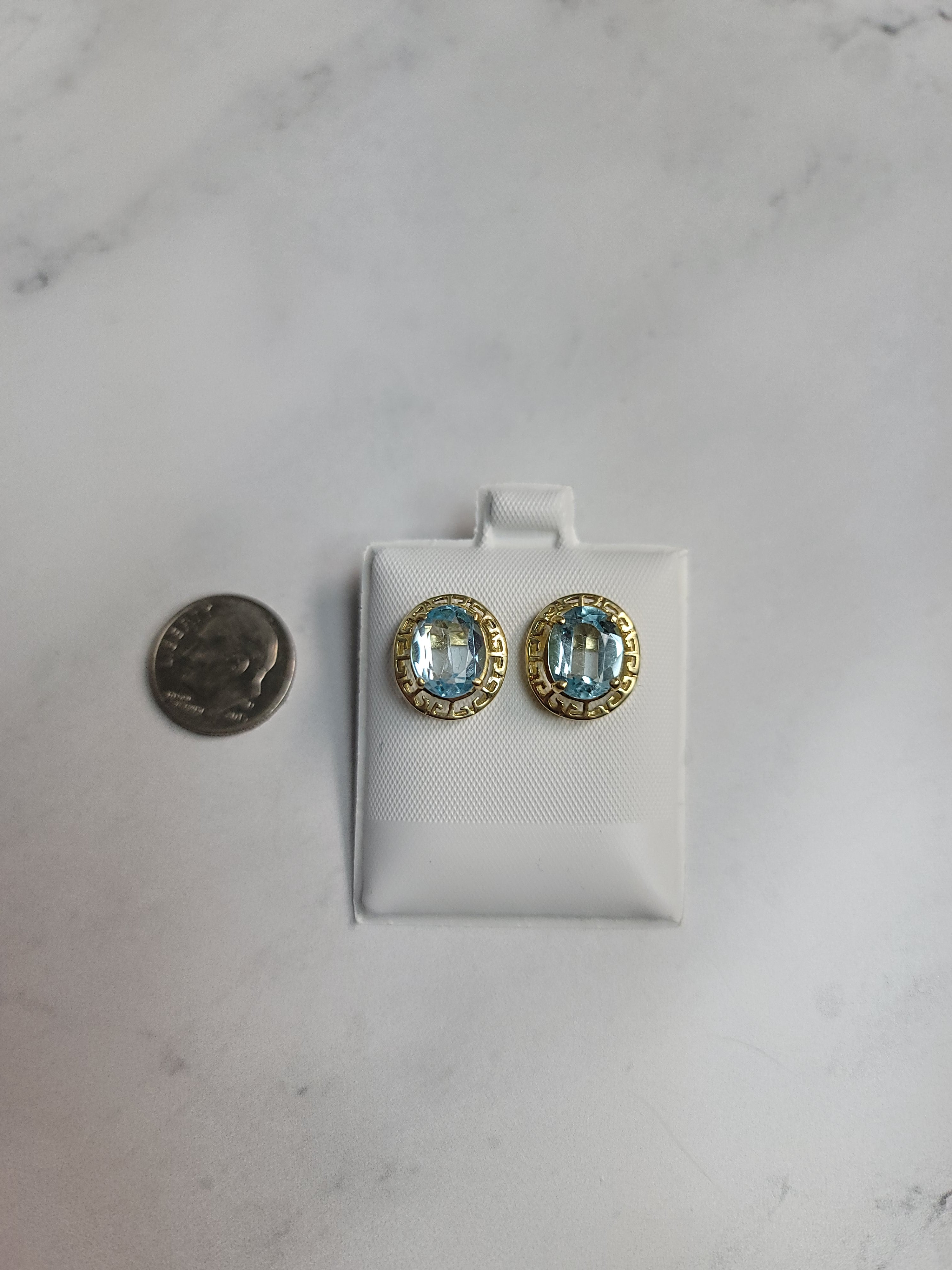 14K Yellow Gold Oval Blue Topaz Earrings with Greek Bezel Frame - Elegant Dangle Earrings for Women, Perfect for Weddings, Parties & Special Occasions