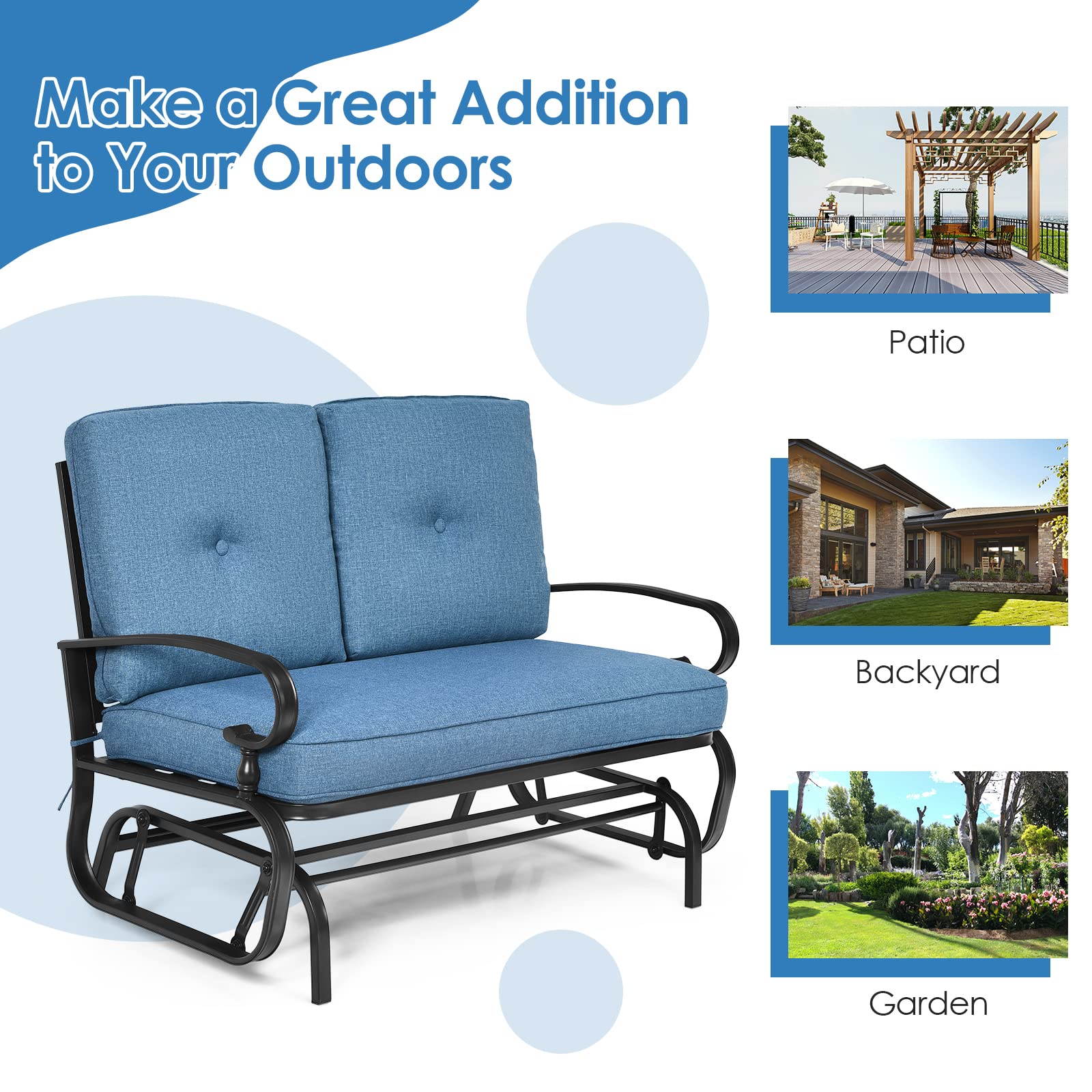 **Tangkula 2-Person Outdoor Swing Glider Chair - Patio Loveseat with Steel Frame & Comfortable Cushions - Perfect for Garden, Porch, Balcony, Poolside (Blue) - Relaxing Outdoor Seating for Couples**