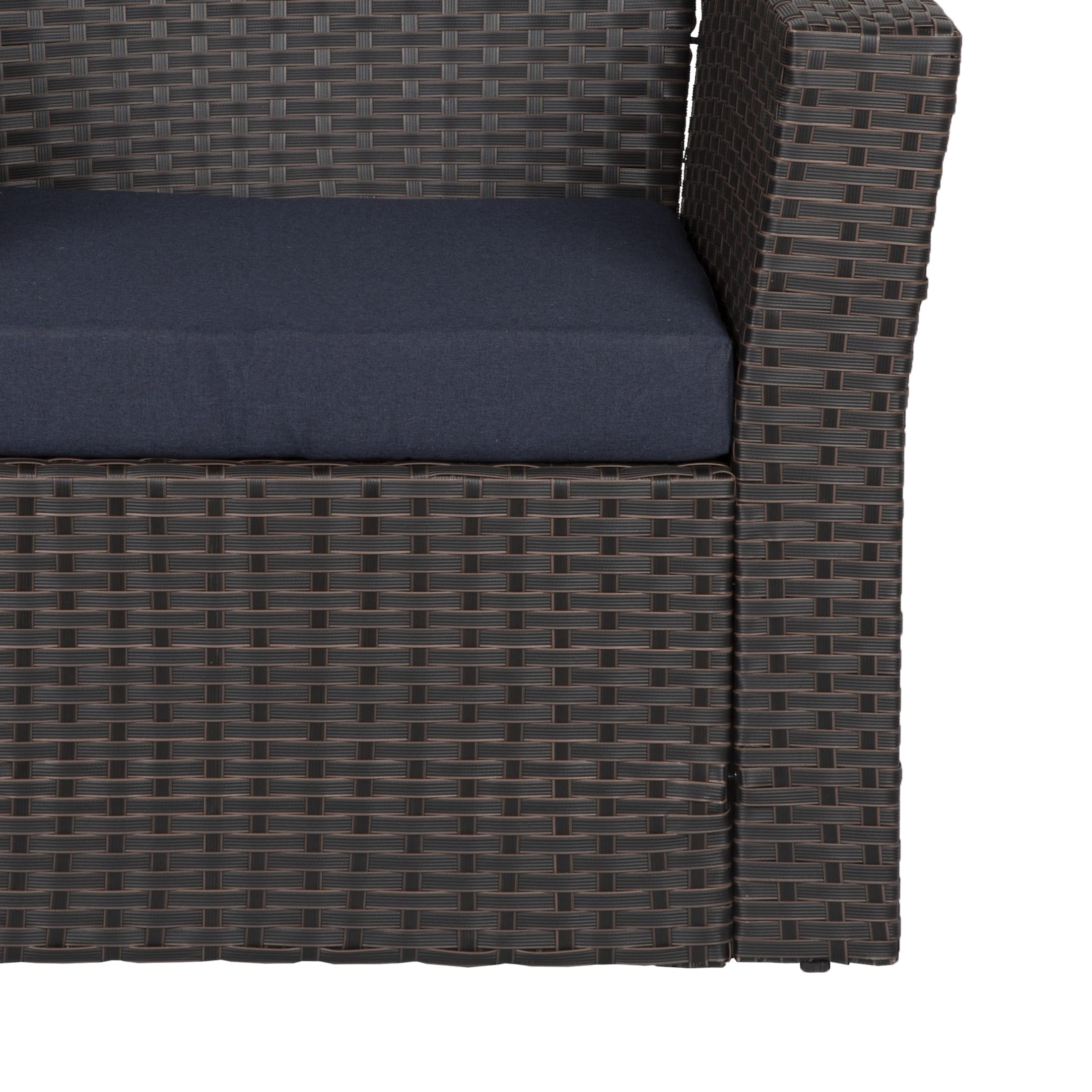WO Home Furniture 4-Piece Patio Conversation Set - Black Rattan Wicker Sofa, Chairs & Table with Navy Blue Pillow Cushions | Outdoor Garden, Backyard, Poolside Lounge Furniture