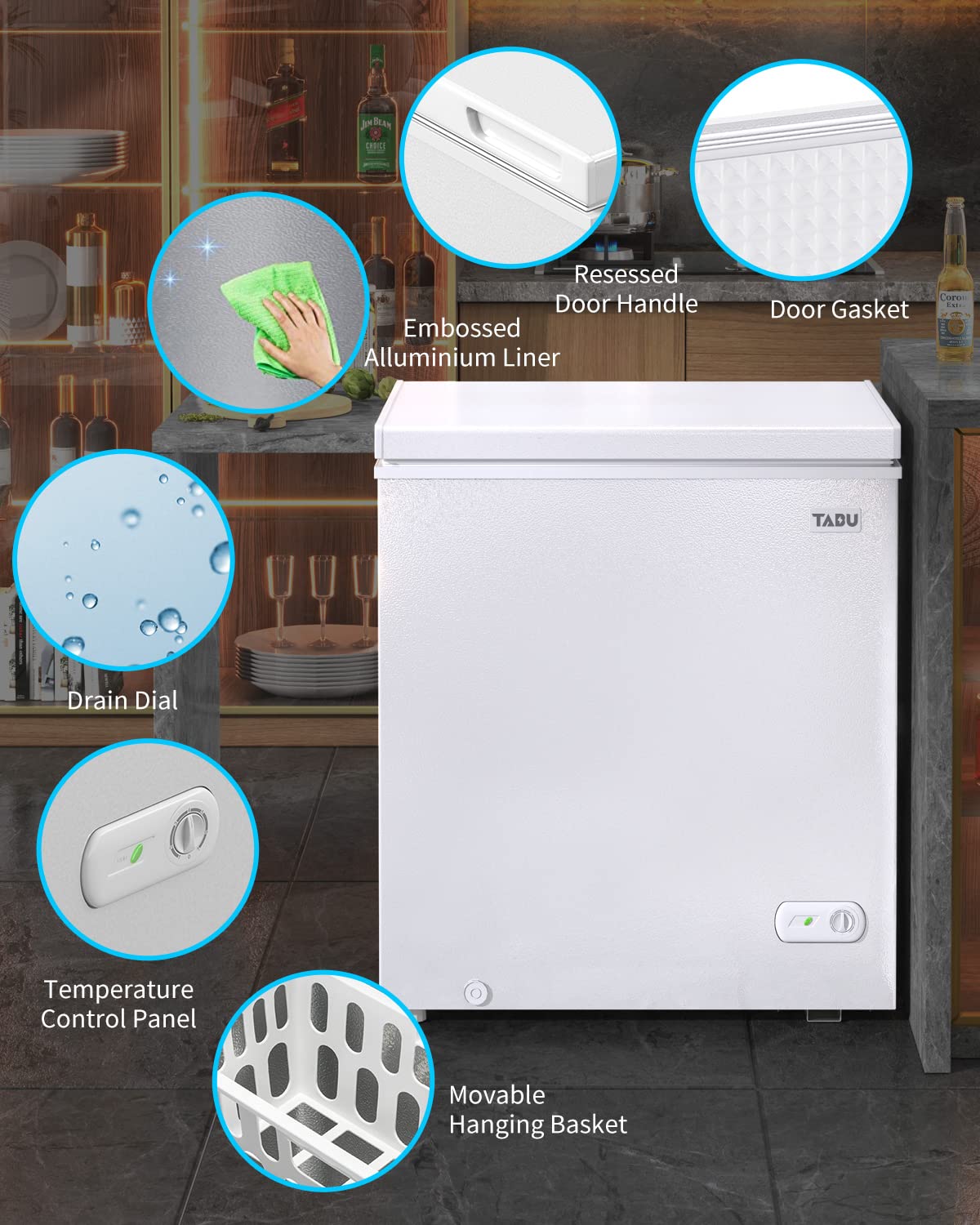 10.0 Cubic Feet Deep Freezer - Large Energy Efficient Chest Freezer with 7-Level Adjustable Thermostat, Removable Storage Basket & Top Opening Door - Perfect for Home, Garage, or Restaurant Use - White (TABU)