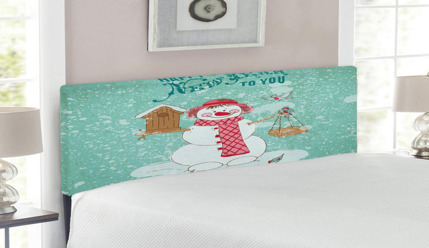 Ambesonne Snowman Headboard - Happy New Year Celebration with Smiling Snowman Design, Upholstered Decorative Metal Bed Headboard with Memory Foam, Queen Size, Dark Coral & Pale Brown - Perfect for Holiday Bedroom Decor & Winter Themed Guest Rooms