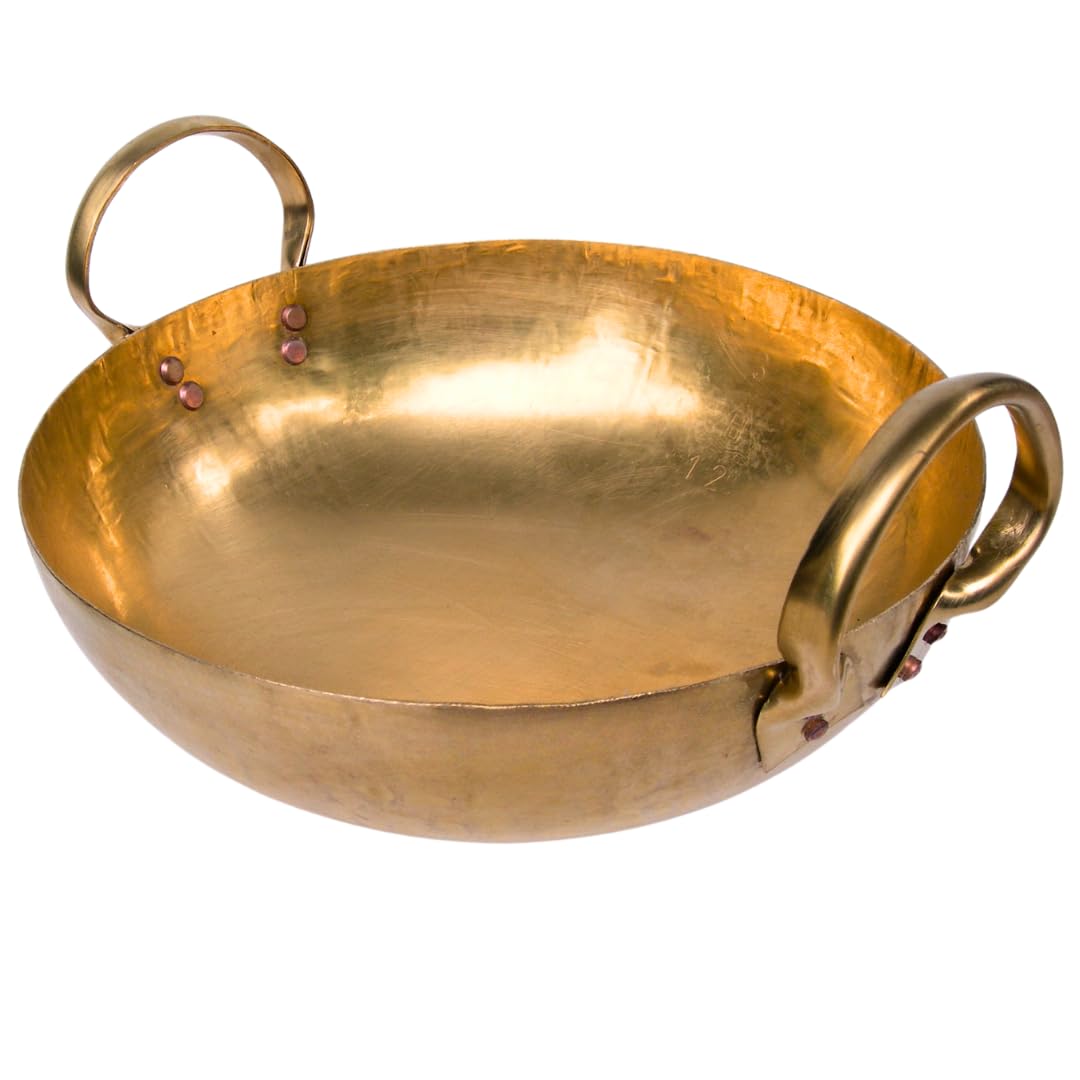 10-Inch Traditional Brass Pudding Pan with Wooden Paddle - Authentic Kanom Wok for Desserts, Home Cooking & Asian Cuisine | Perfect for Flan, Custard, Thai Kanom Krok & Japanese Purin | Must-Have Kitchen Cookware for Baking & Stovetop Use