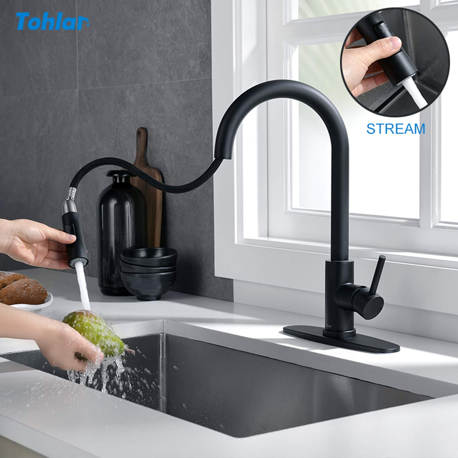 Tohlar Black Kitchen Faucet with Pull-Down Sprayer - Single Handle Modern Stainless Steel Sink Faucet with Deck Plate - Perfect for Home, Restaurant & Commercial Kitchen Use
