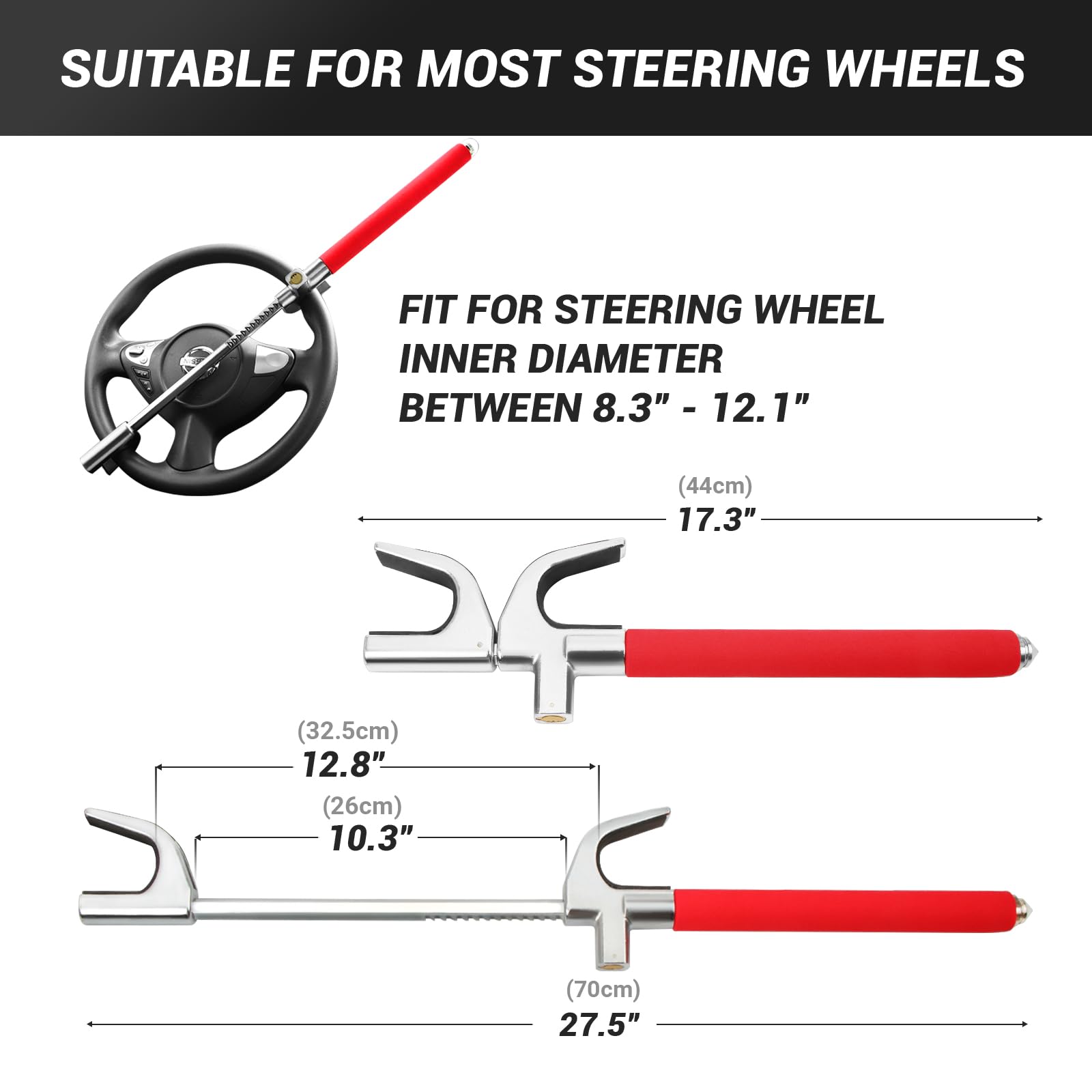 Premium Car Steering Wheel Lock - Heavy Duty Anti-Theft Device with 3 Keys & Emergency Safety Hammer | Universal Fit for All Vehicles | Red | Perfect for Parking Security & Theft Prevention