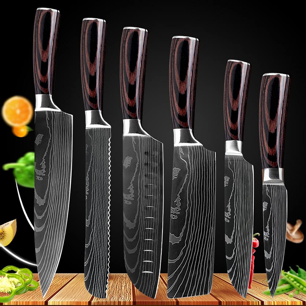 Premium Damascus Steel Japanese Chef Knife Set - 6-Piece Kitchen Knife Collection with Santoku, Utility & Slicing Knives for Professional Cooking & Food Preparation | Ideal for Home Chefs & Culinary Enthusiasts