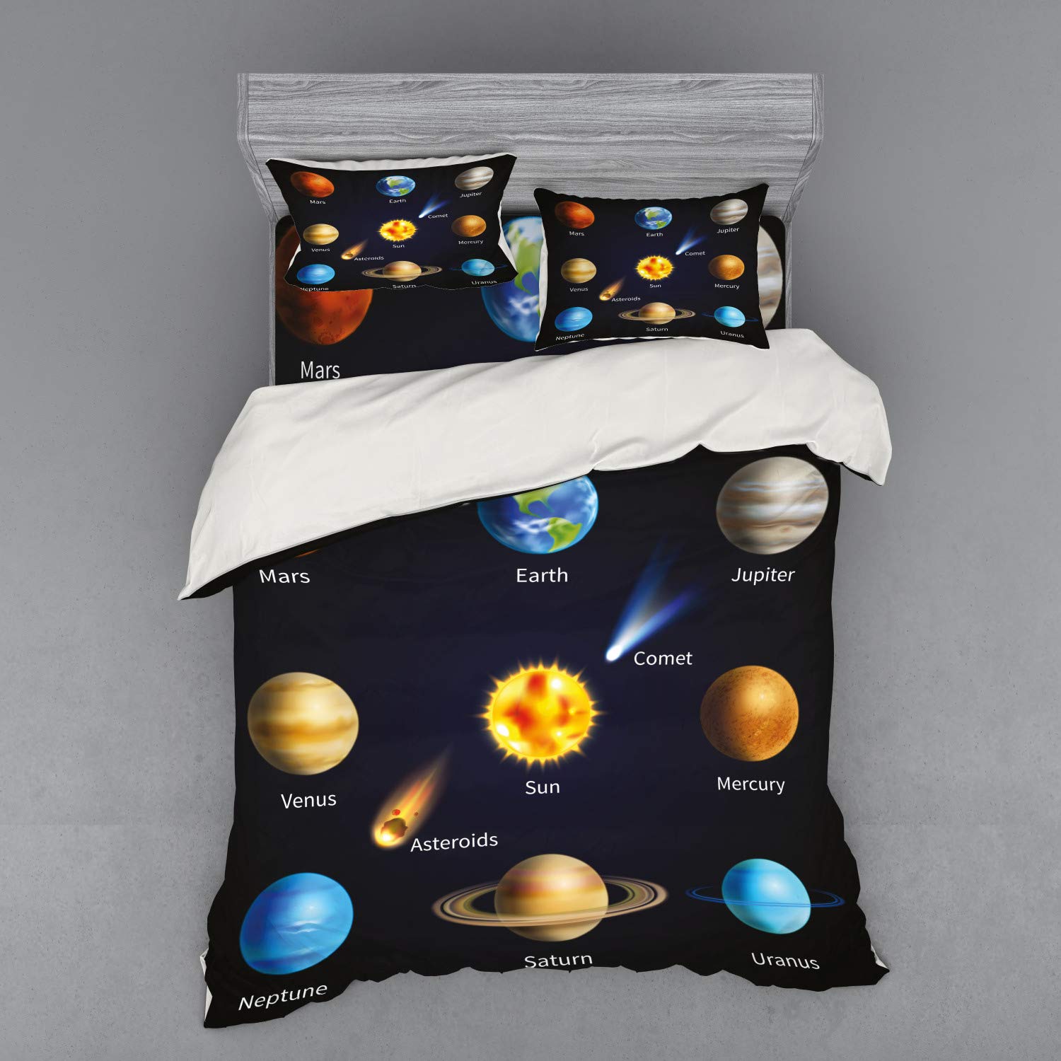 Ambesonne Solar System Bedding Set - Queen Size 3-Piece Duvet Cover with Sham & Fitted Sheet, Realistic Planets, Asteroids & Comet Design, Multicolor Space Theme | Perfect for Astronomy Lovers, Kids' Room Decor & Science-Themed Bedrooms