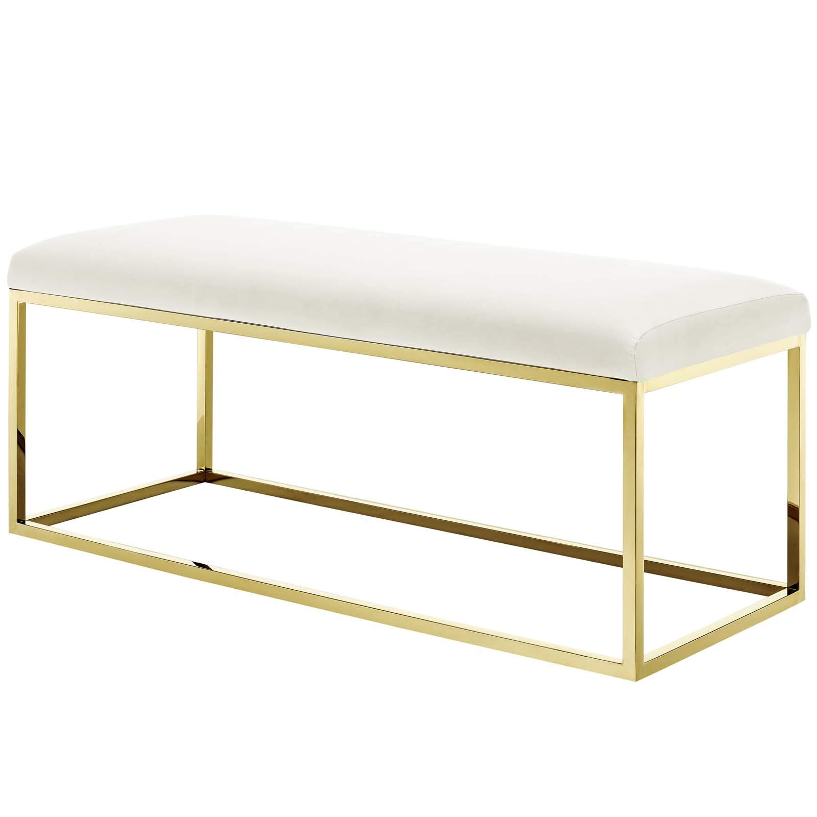 Modern Contemporary Accent Chair Bench - Velvet Upholstery with Metal Steel Frame in Gold & Ivory - Perfect for Living Room, Lounge, or Bedroom Decor