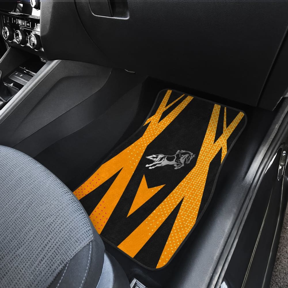 Premium Custom Mustang Horse Metallic Printed Car Floor Mats - Black & Orange Design - Perfect for Ford Mustang Enthusiasts & Car Show Displays