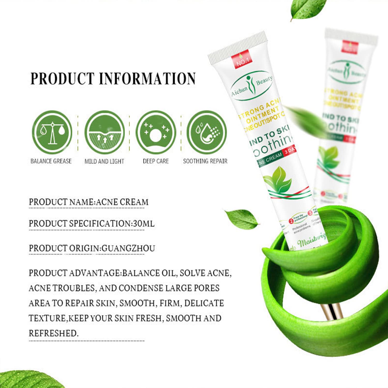 AICHUN BEAUTY Acne Treatment Cream - 30ml/1.0fl.oz Facial Cleanser for Pimple, Blackhead & Comedone Removal | Skin Repair & Oil Control | Perfect for Daily Acne-Prone Skin Care Routine