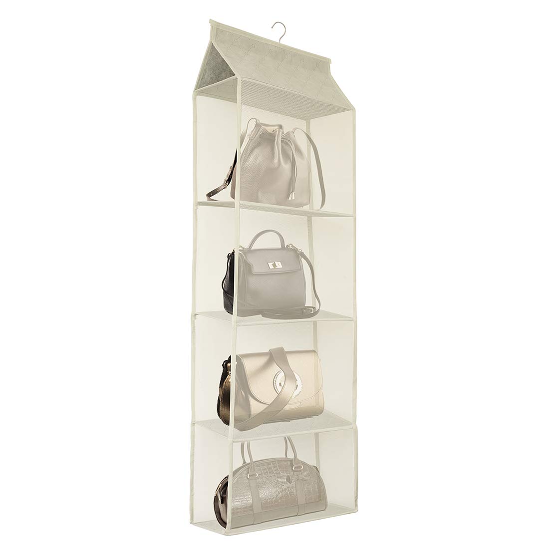 Space Saving Hanging Handbag Organizer with 4 Heavy-Duty Mesh Shelves - Closet Purse & Tote Storage for Wardrobe (Beige) | Perfect for Bedroom, Walk-in Closet & Dorm Organization