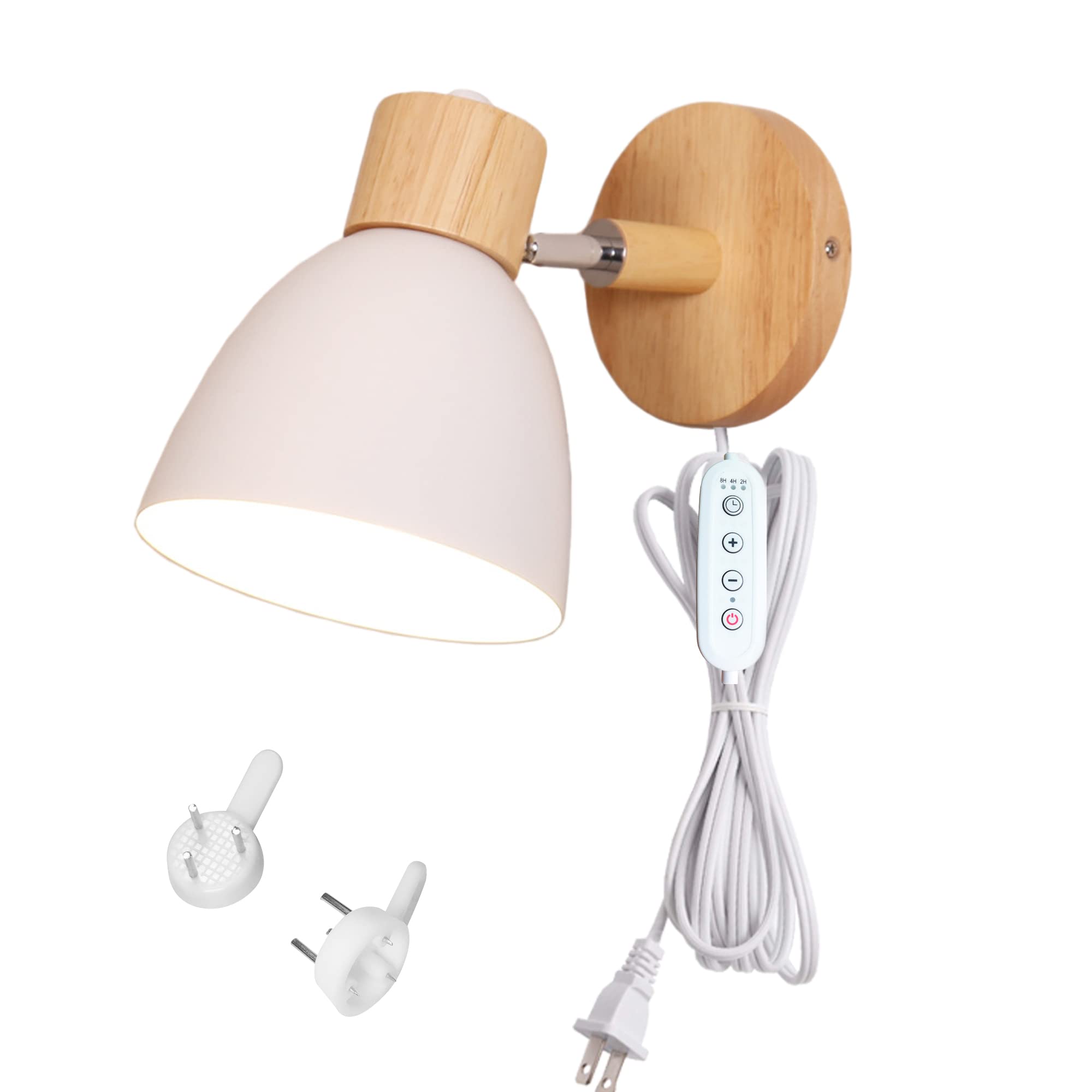 Adjustable Plug-in Wall Sconce with Dimmer & Timer - E26 Socket Dimmable Bedside Reading Lamp - White Aluminum Shade Industrial Wall Light - No Drilling Installation for Bedroom, Living Room & Dorm Decor