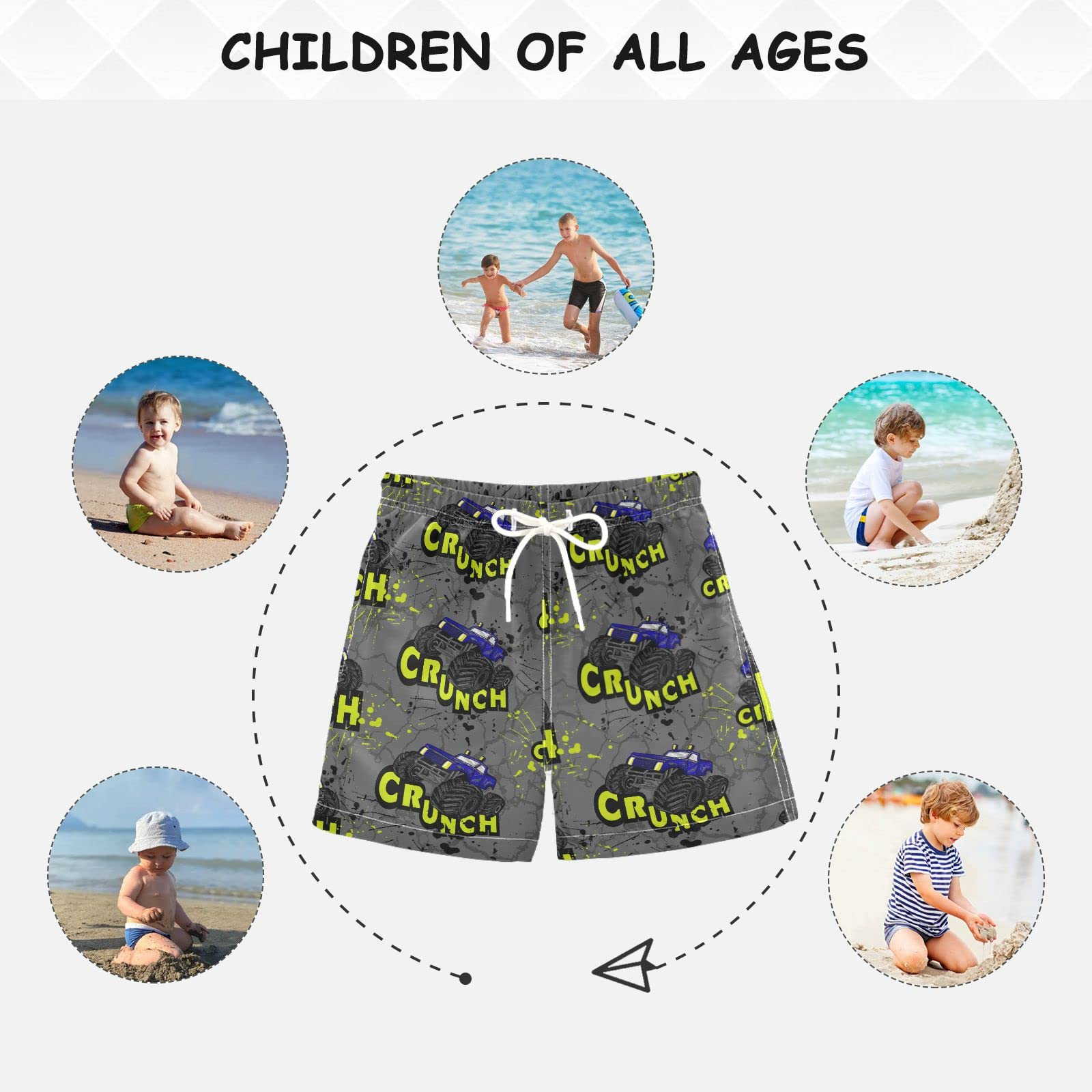 Hand Drawn Monster Truck Swim Trunks for Boys - Toddler Beach Board Shorts | Kids Swimsuit Size XL | Perfect for Pool, Beach & Summer Water Activities